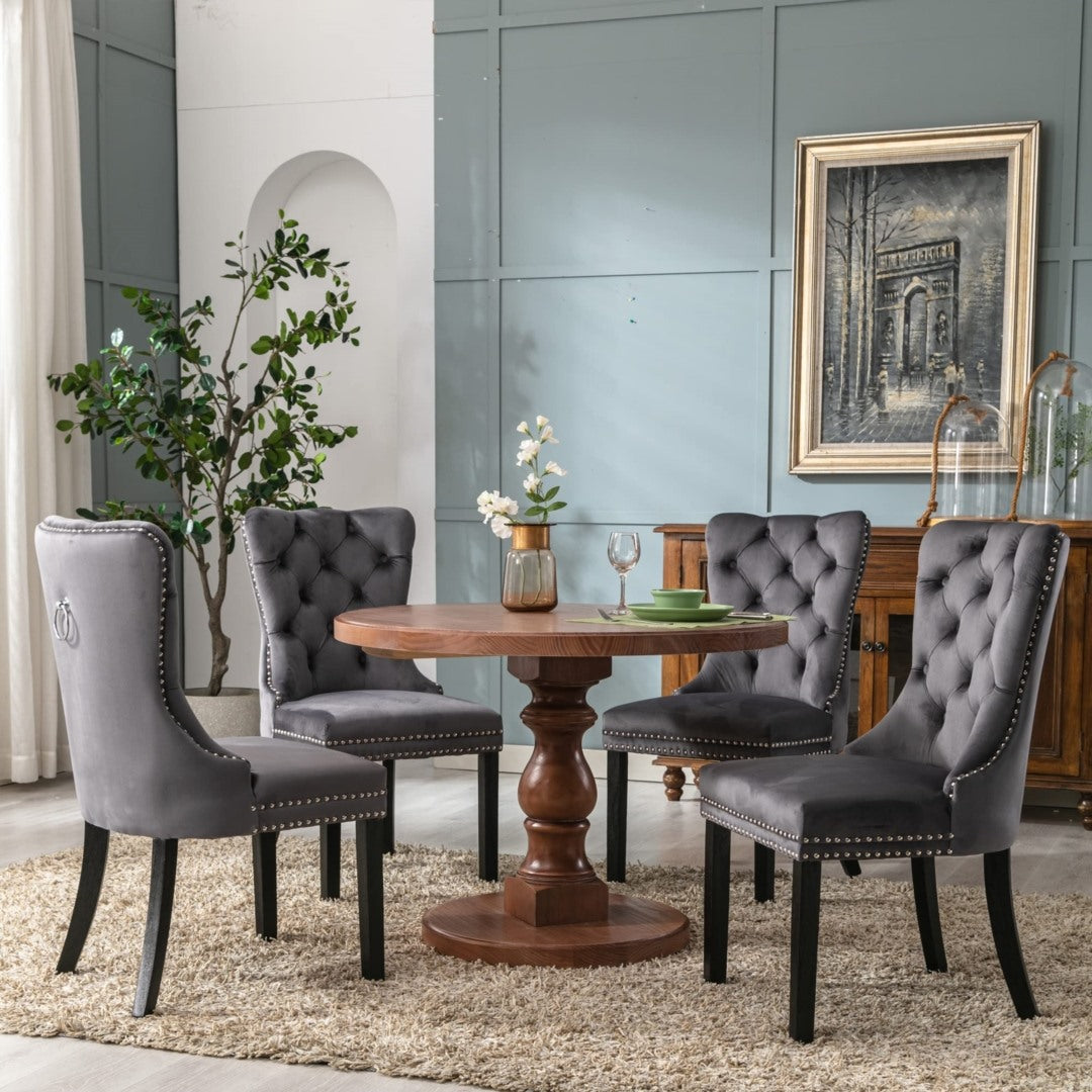 8x Velvet Dining Chairs Upholstered Tufted Kithcen Chair with Solid Wood Legs Stud Trim and Ring-Gray 9