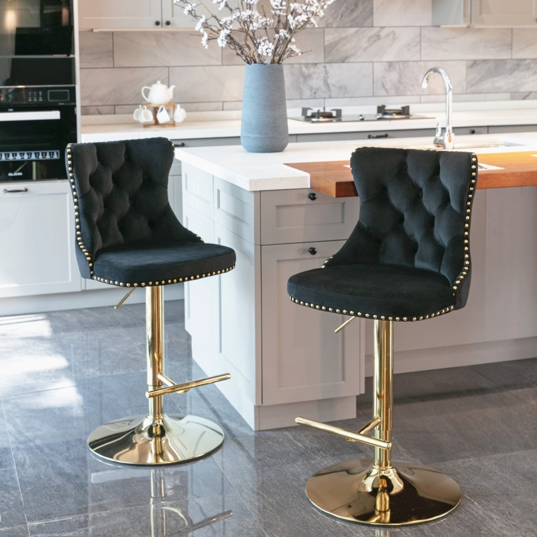 4x Height Adjustable Swivel Bar Stool Velvet Studs Barstool with Footrest and Golden Base- Black 8