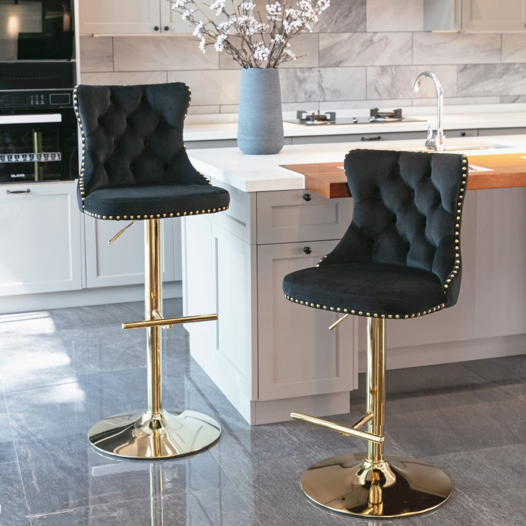4x Height Adjustable Swivel Bar Stool Velvet Studs Barstool with Footrest and Golden Base- Black 9