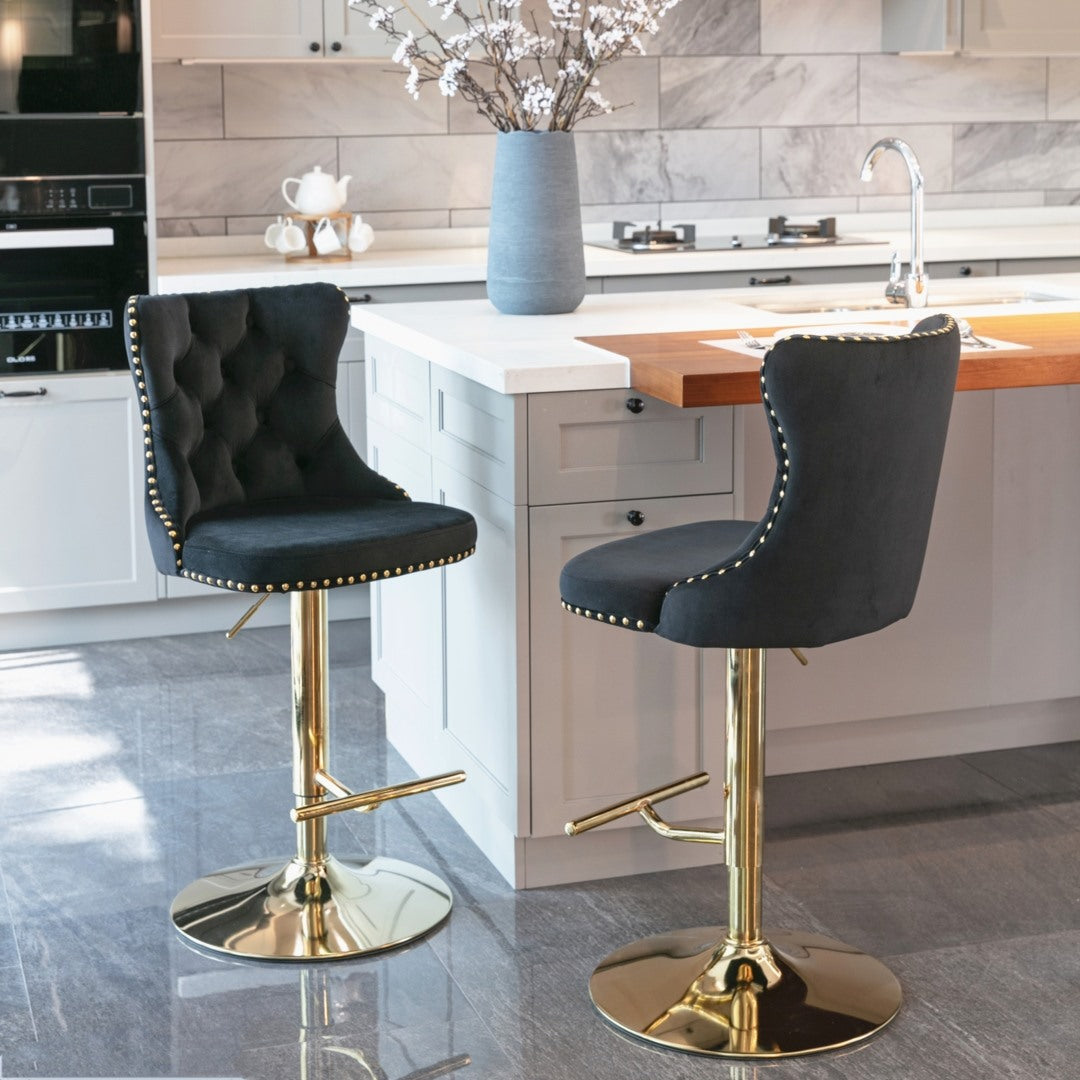 4x Height Adjustable Swivel Bar Stool Velvet Studs Barstool with Footrest and Golden Base- Black 10