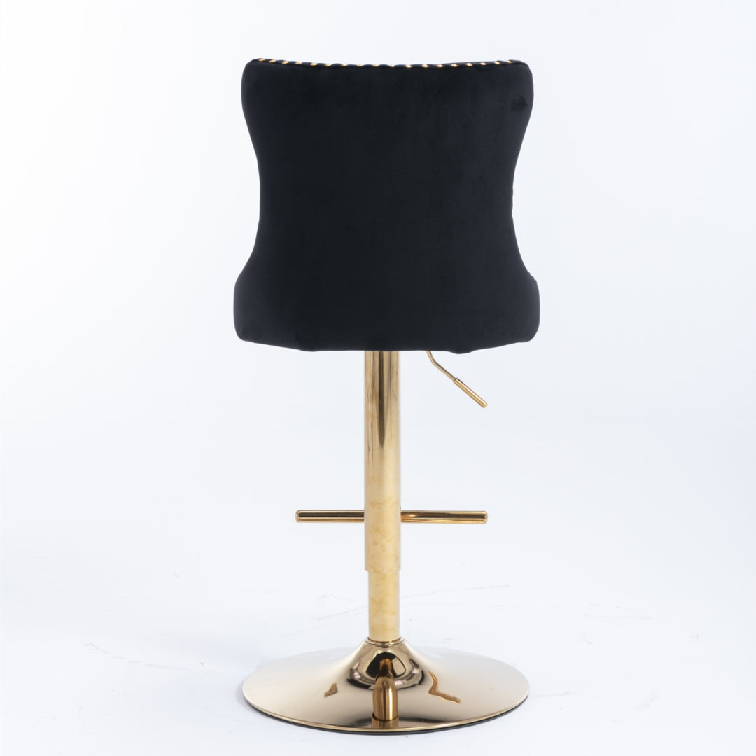 2x Height Adjustable Swivel Bar Stool Velvet Studs Barstool with Footrest and Golden Base- Black 5