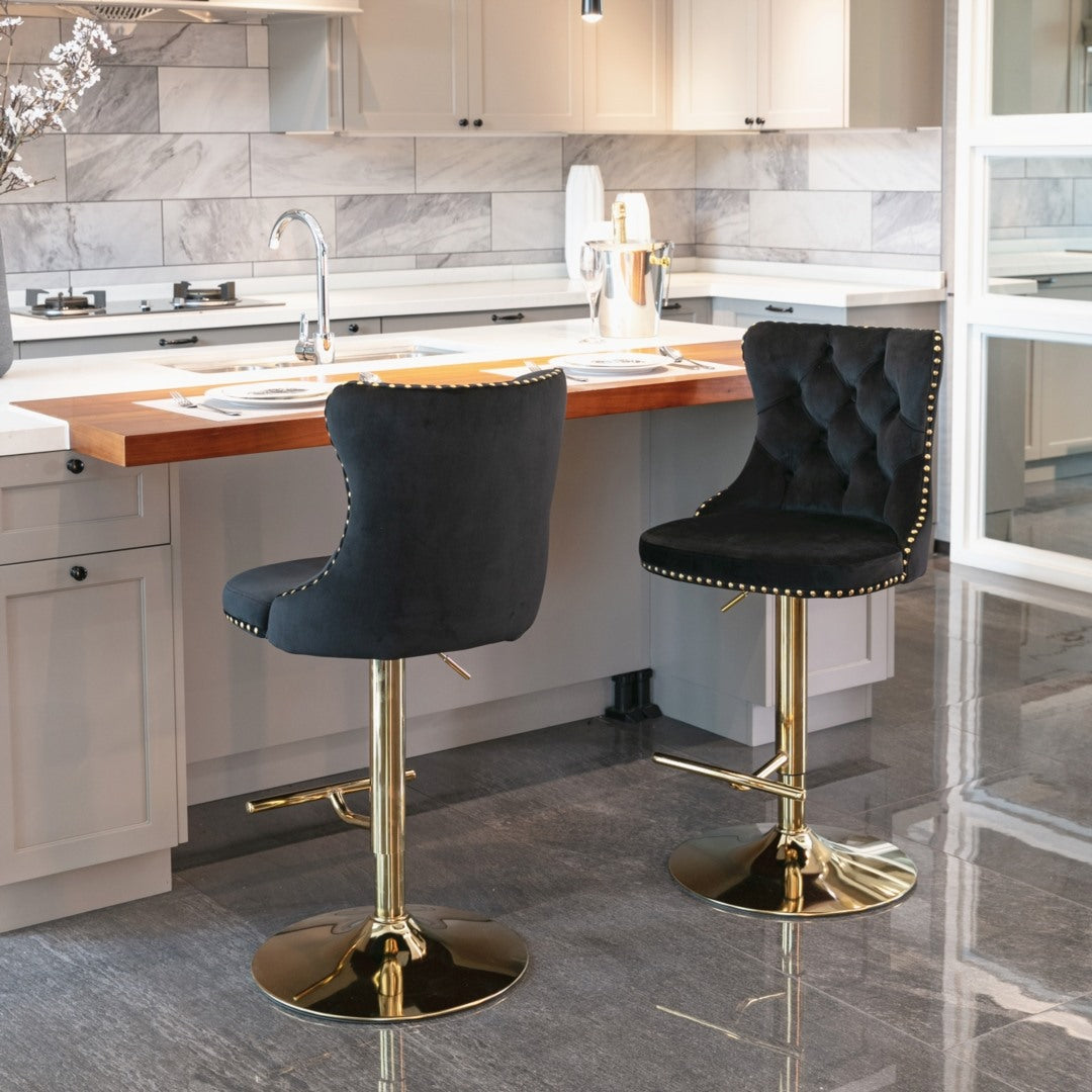 2x Height Adjustable Swivel Bar Stool Velvet Studs Barstool with Footrest and Golden Base- Black 11