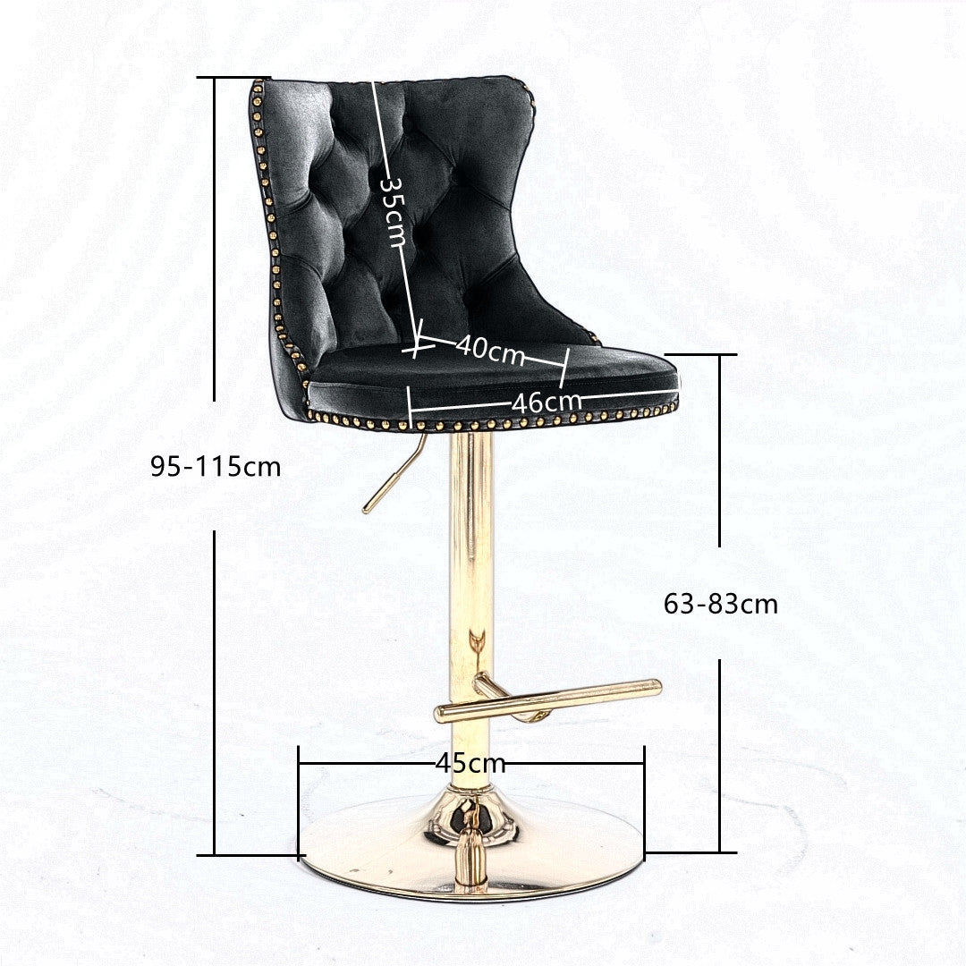 2x Height Adjustable Swivel Bar Stool Velvet Studs Barstool with Footrest and Golden Base- Black 6