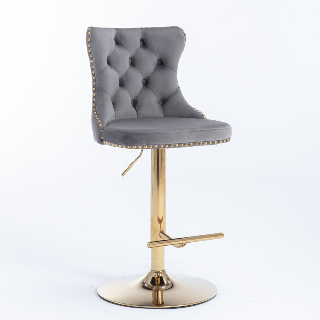 4x Height Adjustable Swivel Bar Stool Velvet Studs Barstool with Footrest and Golden Base- Grey 3