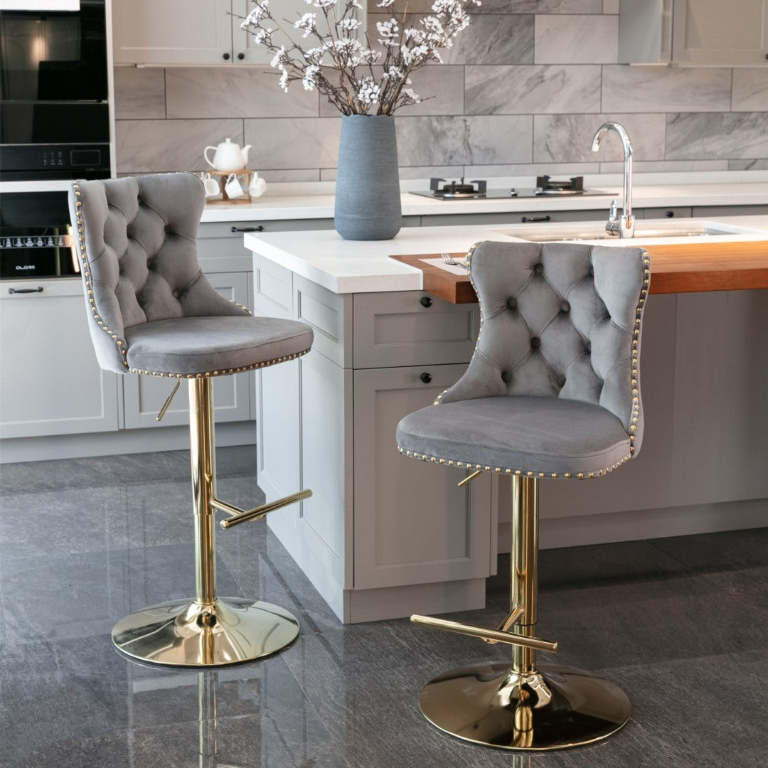 4x Height Adjustable Swivel Bar Stool Velvet Studs Barstool with Footrest and Golden Base- Grey 8