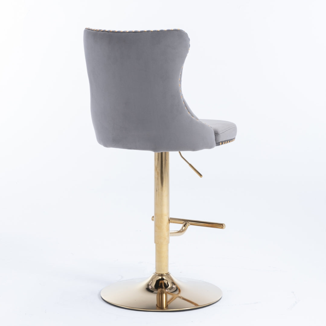 4x Height Adjustable Swivel Bar Stool Velvet Studs Barstool with Footrest and Golden Base- Grey 12