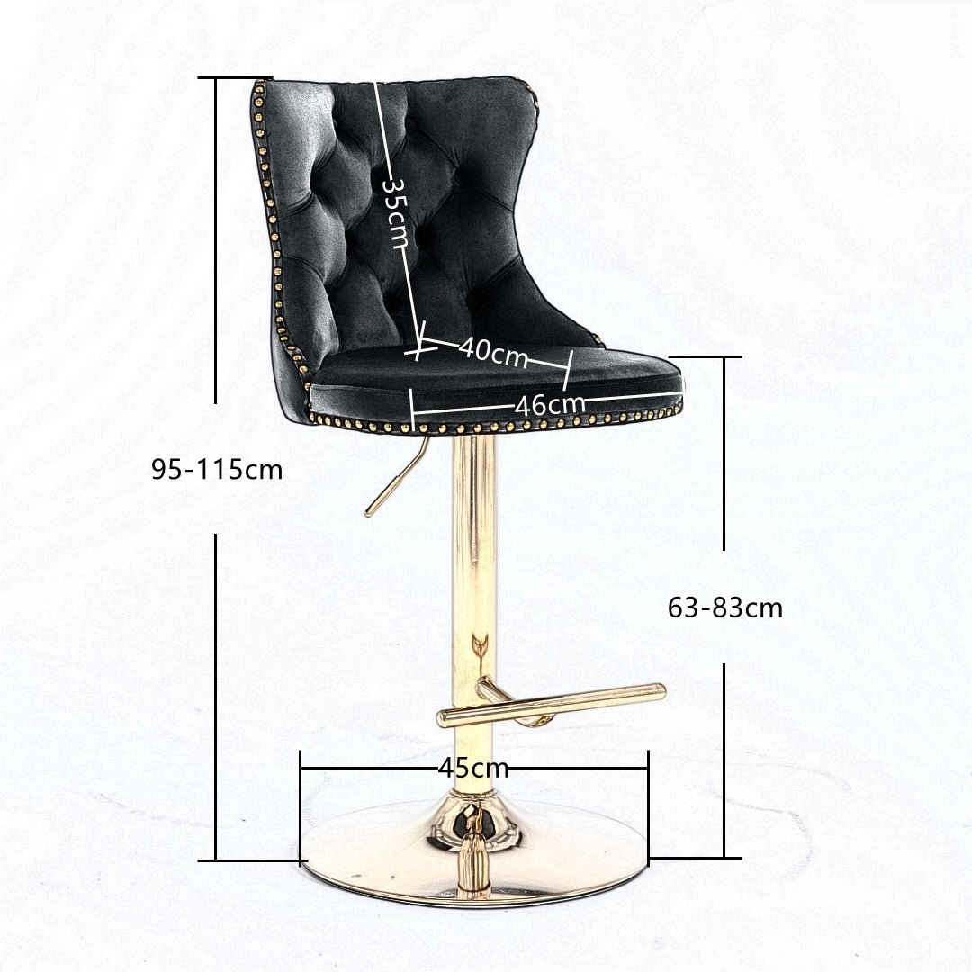 2x Height Adjustable Swivel Bar Stool Velvet Studs Barstool with Footrest and Golden Base- Grey 6