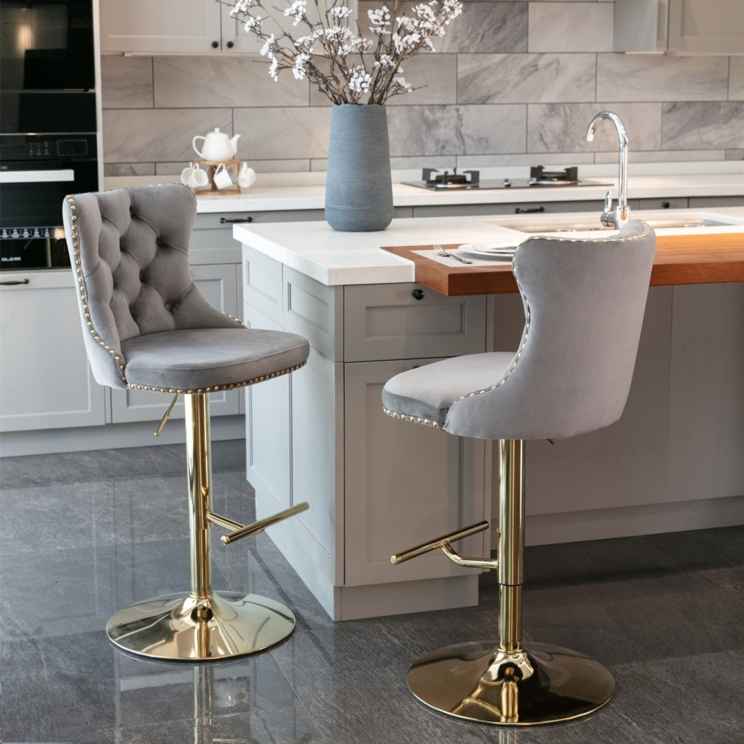 2x Height Adjustable Swivel Bar Stool Velvet Studs Barstool with Footrest and Golden Base- Grey 14