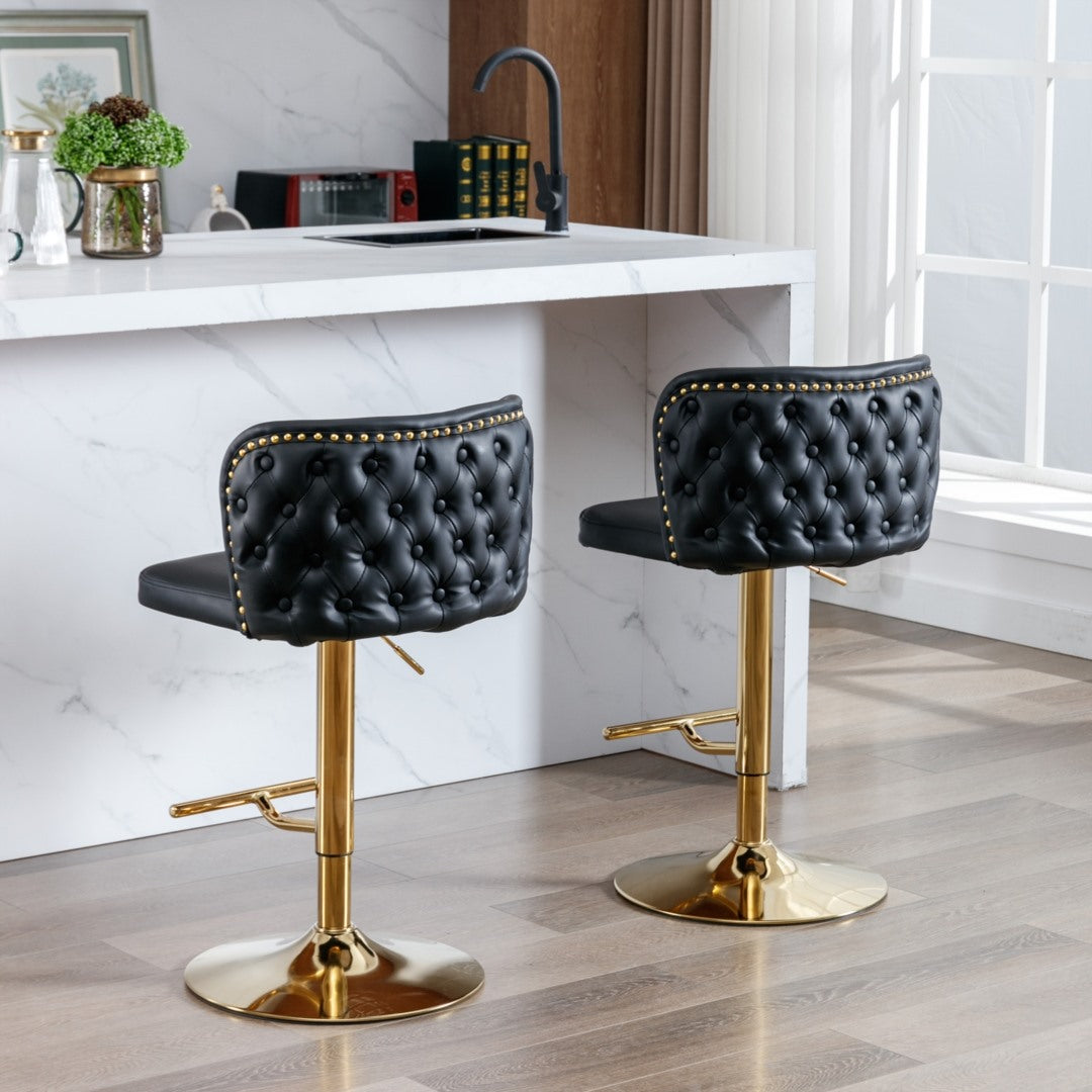 2x Faux Leather Golden Base Swivel Bar Stools- Black 7