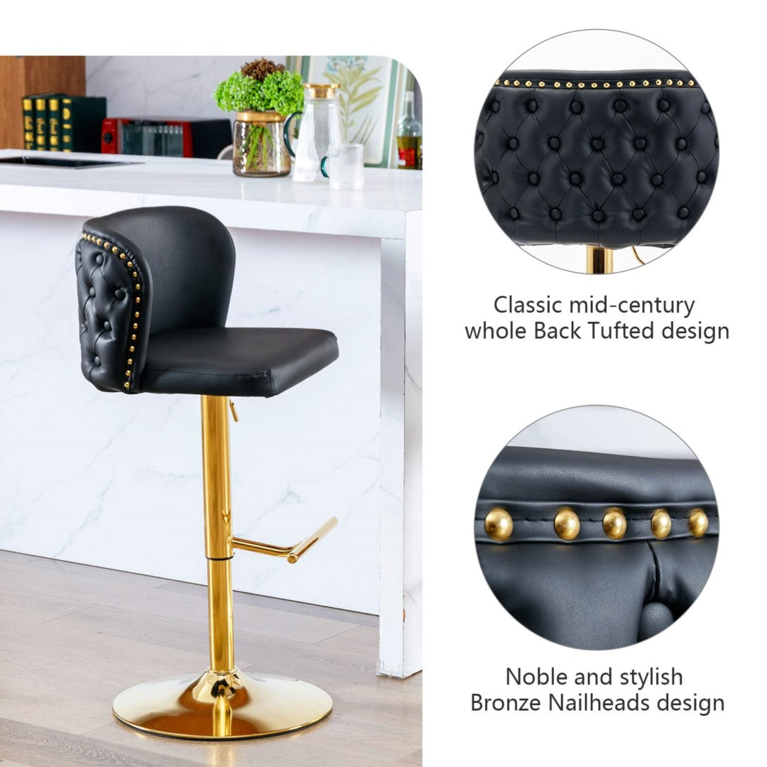 2x Faux Leather Golden Base Swivel Bar Stools- Black 12