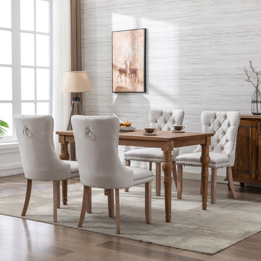 4x AADEN Modern Elegant Button-Tufted Upholstered Fabric with Studs Trim and Wooden legs Dining Side Chair-Beige 9