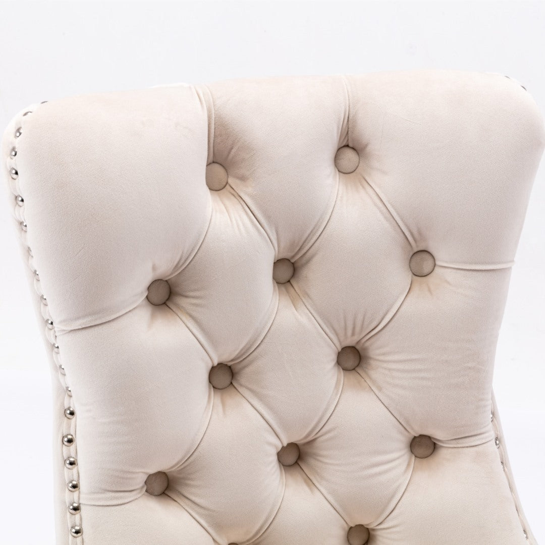 2x Velvet Dining Chairs Upholstered Tufted Kithcen Chair with Solid Wood Legs Stud Trim and Ring-Beige 11