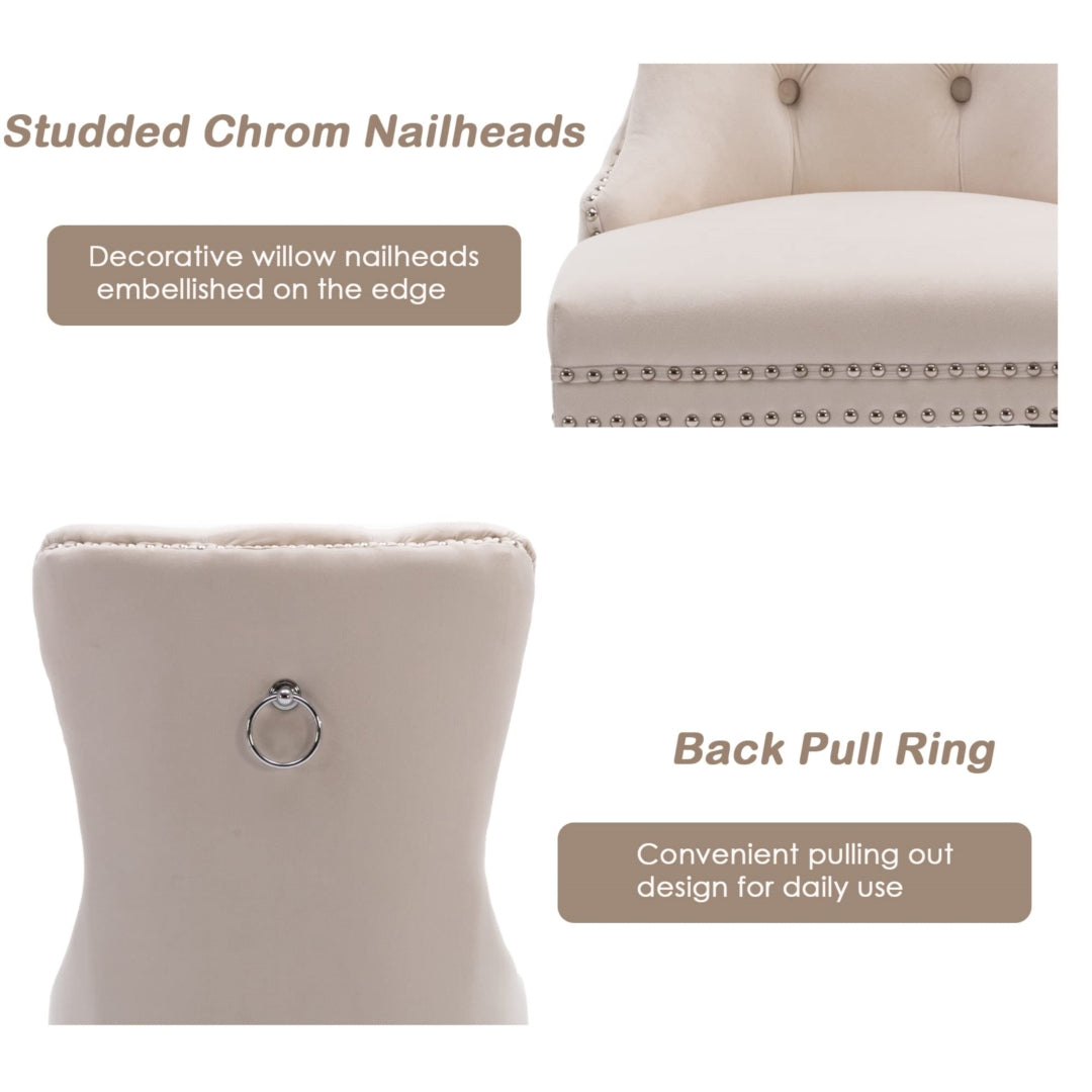 2x Velvet Dining Chairs Upholstered Tufted Kithcen Chair with Solid Wood Legs Stud Trim and Ring-Beige 13