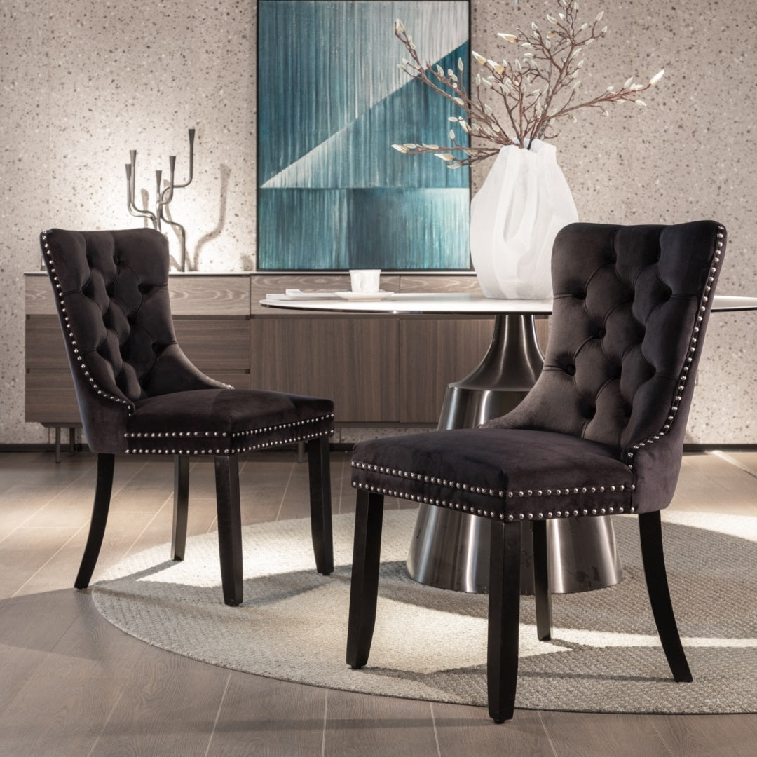 2x Velvet Dining Chairs Upholstered Tufted Kithcen Chair with Solid Wood Legs Stud Trim and Ring-Black 12