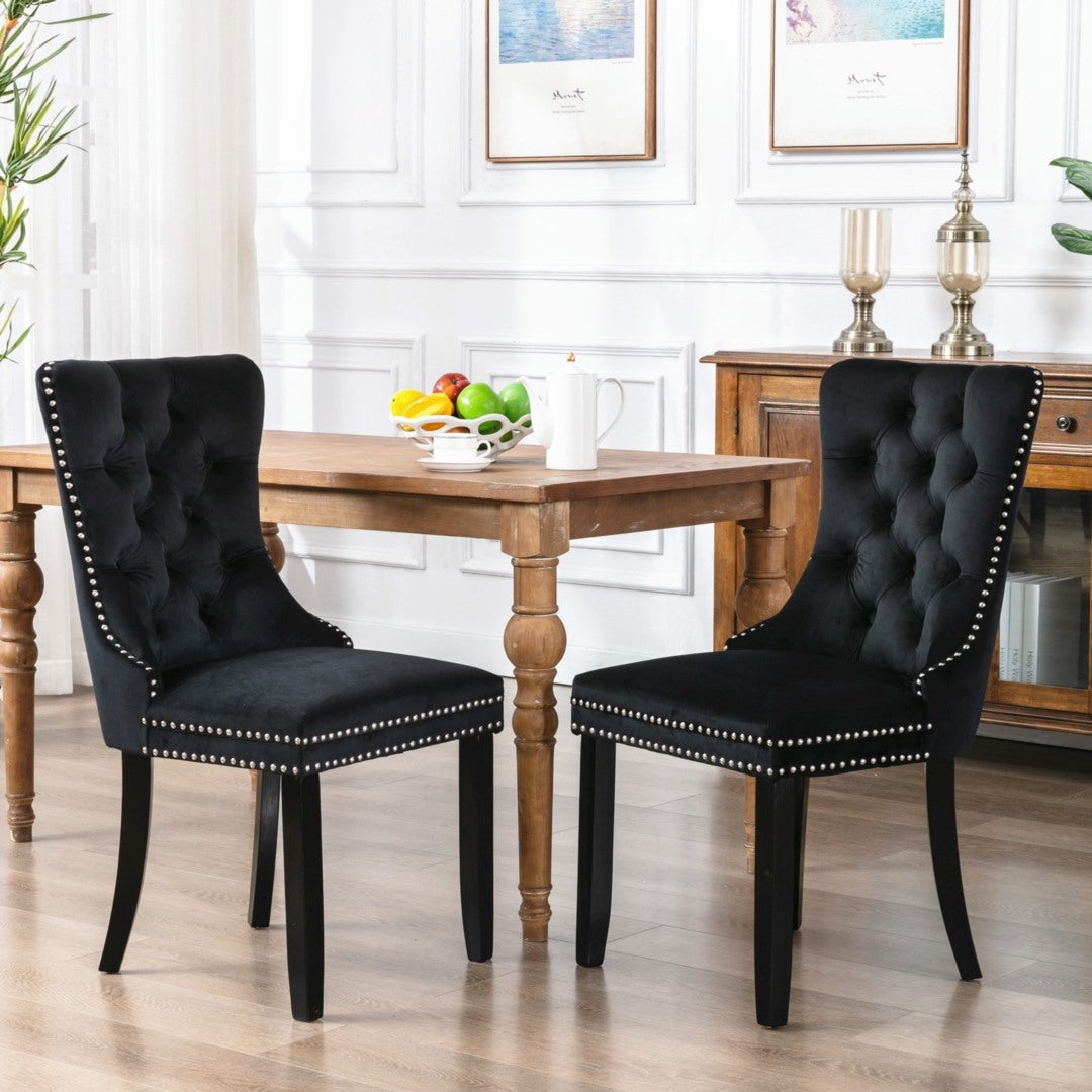 2x Velvet Dining Chairs Upholstered Tufted Kithcen Chair with Solid Wood Legs Stud Trim and Ring-Black 8