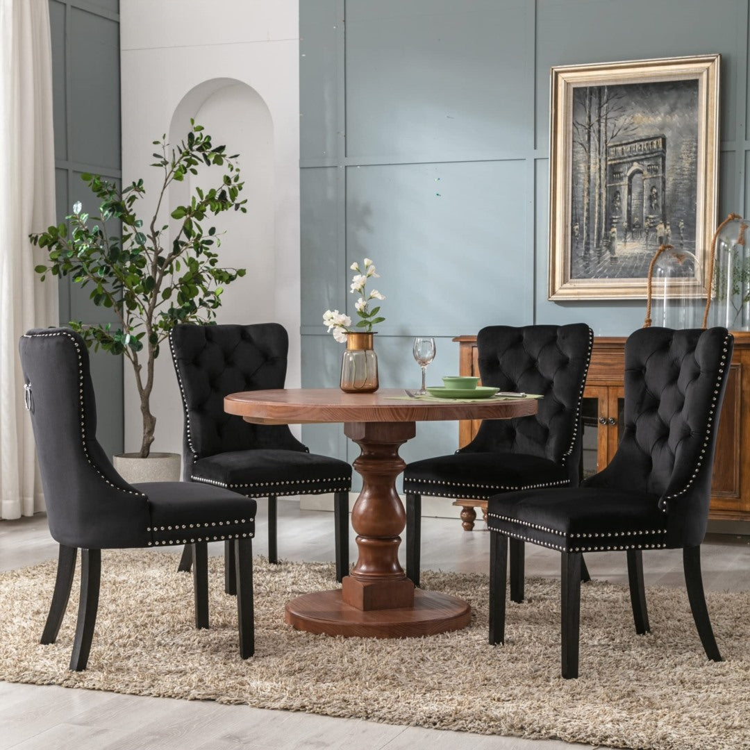 2x Velvet Dining Chairs Upholstered Tufted Kithcen Chair with Solid Wood Legs Stud Trim and Ring-Black 14