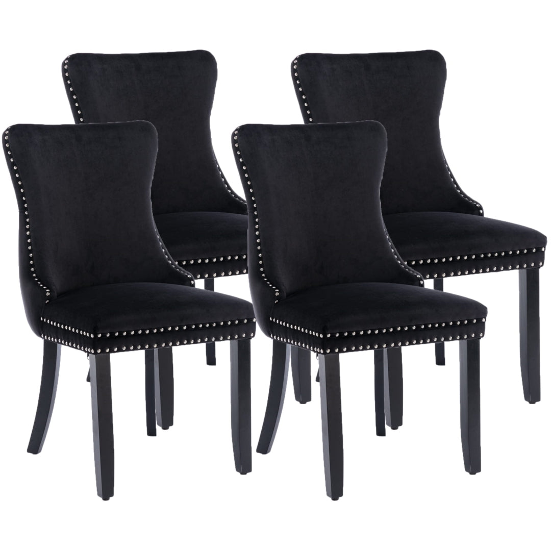 4x Velvet Upholstered Dining Tufted Chairs with Studs Trim and Solid Wood Legs-Black 10