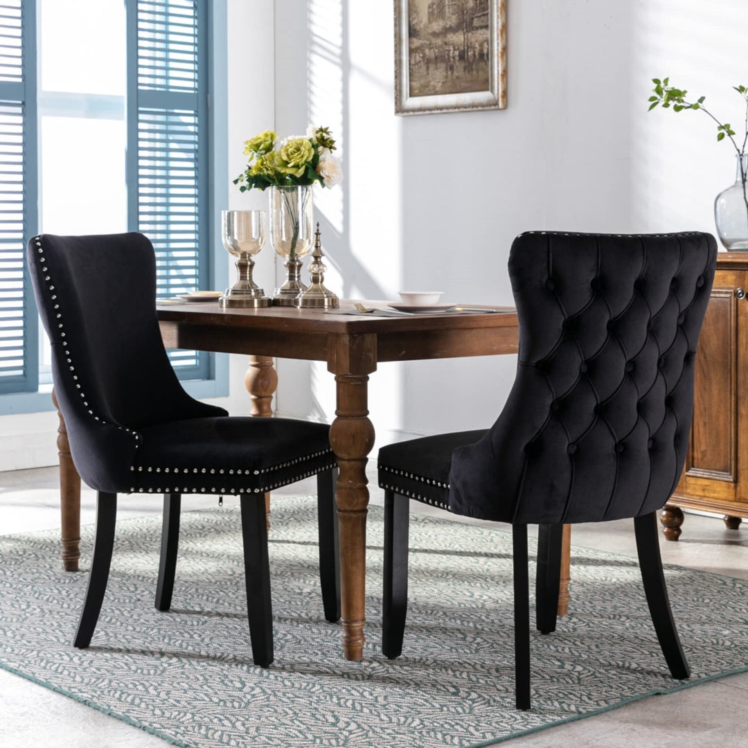 6x Velvet Upholstered Dining Tufted Chairs with Studs Trim and Solid Wood Legs-Black 3