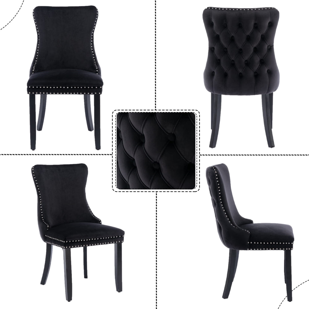 8x Velvet Upholstered Dining Tufted Chairs with Studs Trim and Solid Wood Legs-Black 9