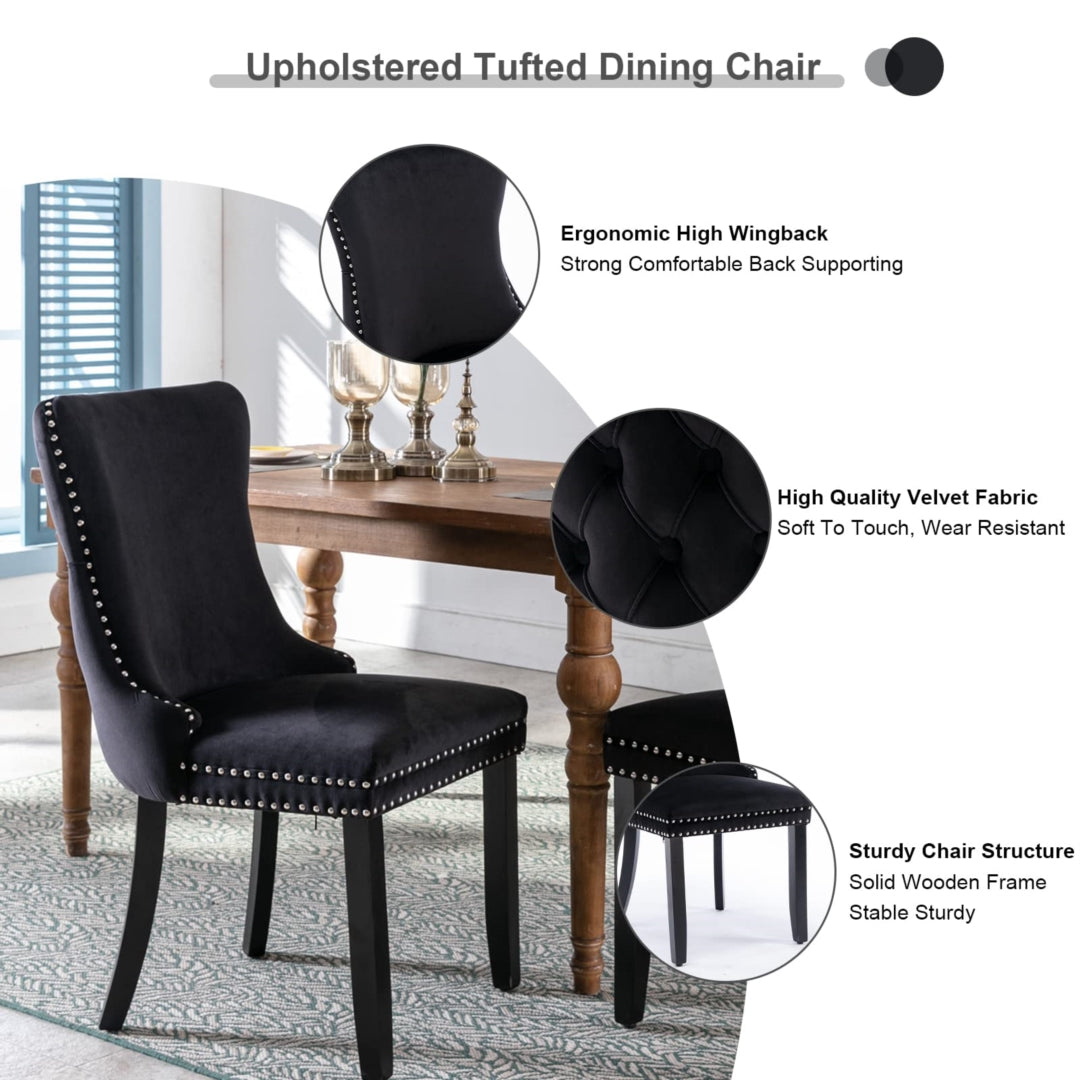 2x Velvet Upholstered Dining Chairs Tufted Wingback Side Chair with Studs Trim Solid Wood Legs for Kitchen 10