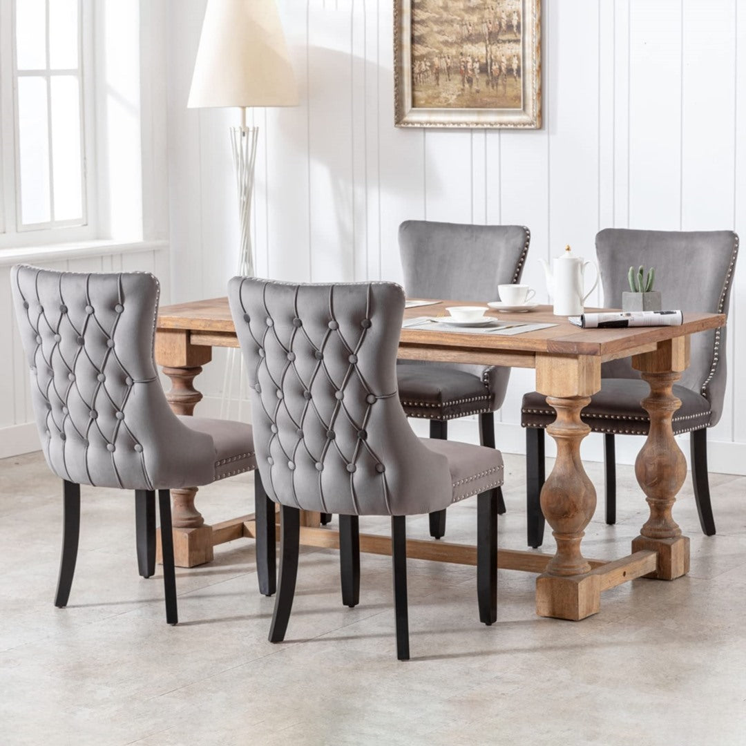 4x Velvet Upholstered Dining Chairs Tufted Wingback Side Chair with Studs Trim Solid Wood Legs for Kitchen 9