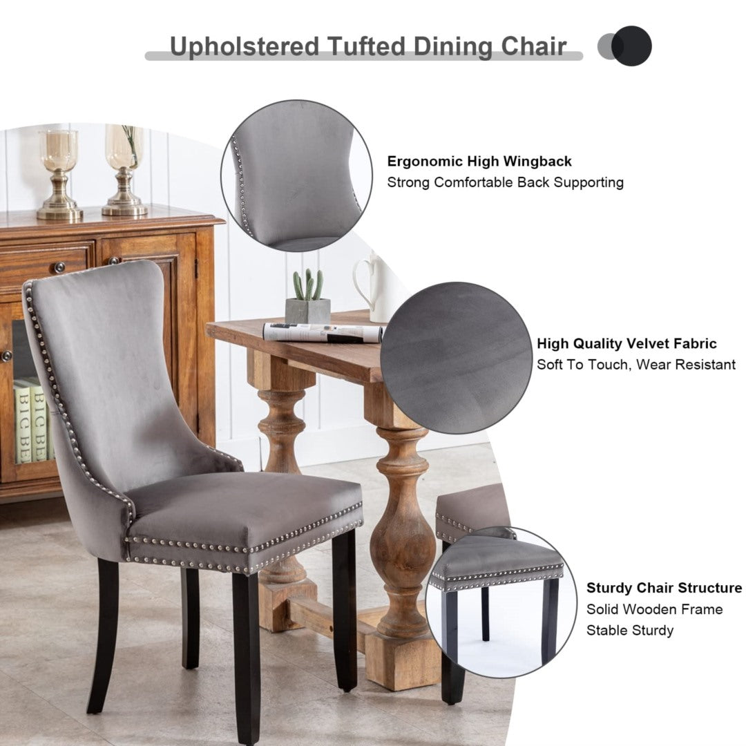 8x Velvet Upholstered Dining Chairs Tufted Wingback Side Chair with Studs Trim Solid Wood Legs for Kitchen 8