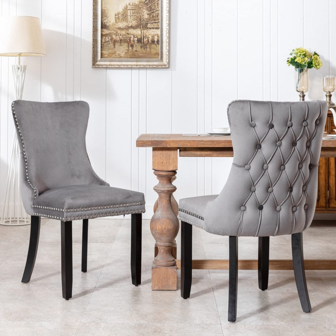 8x Velvet Upholstered Dining Chairs Tufted Wingback Side Chair with Studs Trim Solid Wood Legs for Kitchen 11