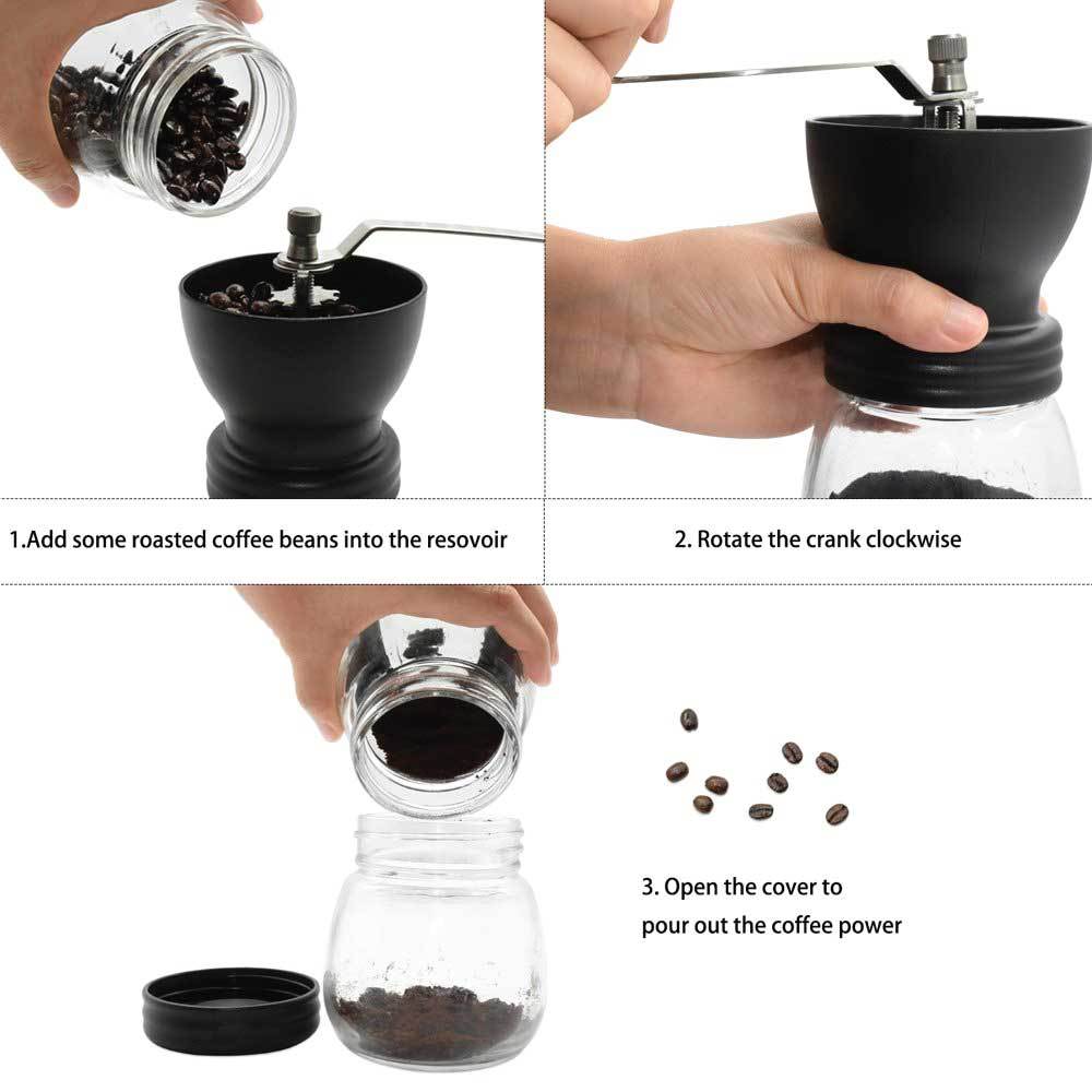 Coffee Bean Grinder - Manual Hand Stainless Ceramic Burr Core Glass Jar Nut Mill 6