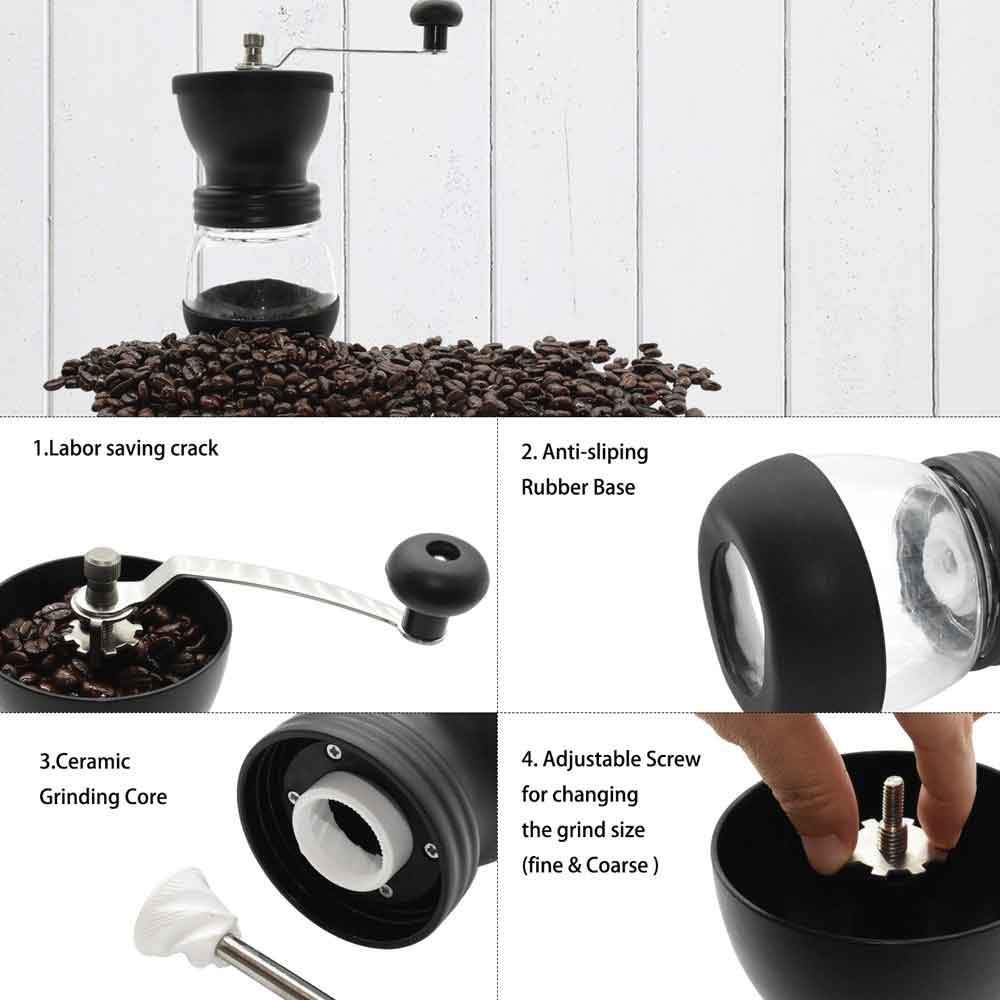 Coffee Bean Grinder - Manual Hand Stainless Ceramic Burr Core Glass Jar Nut Mill 7