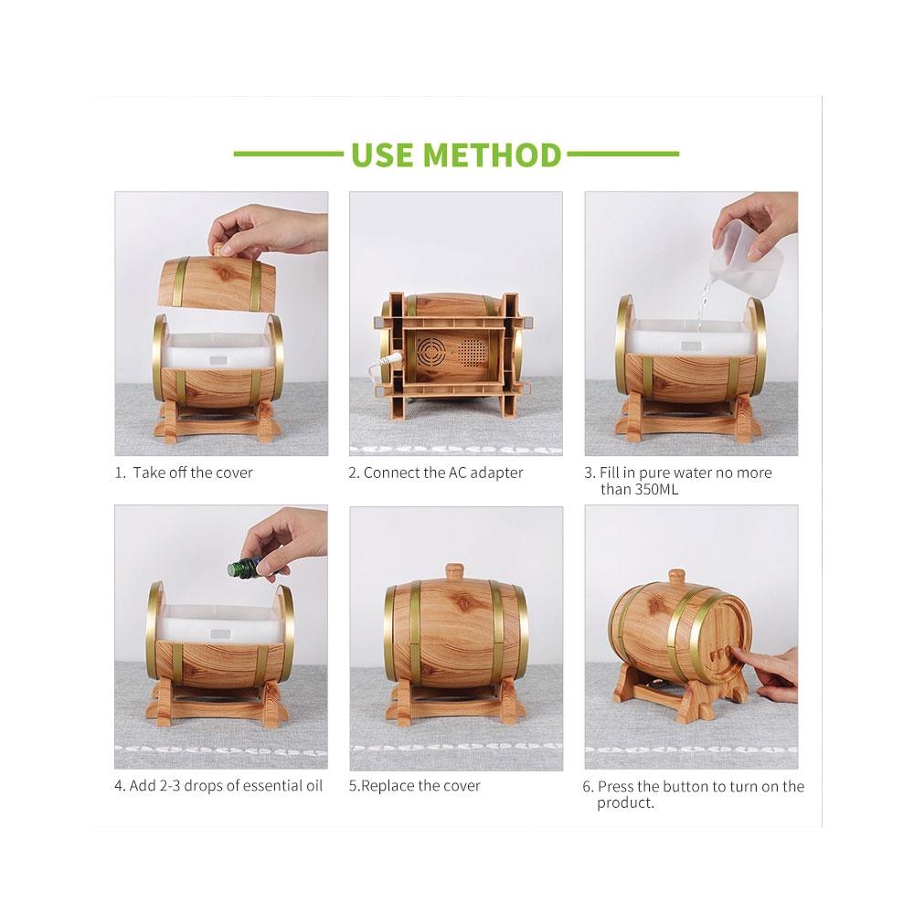 Essential Oil Aroma Diffuser - 350ml Barrel Wood Ultrasonic Air Mist Humidifier 6