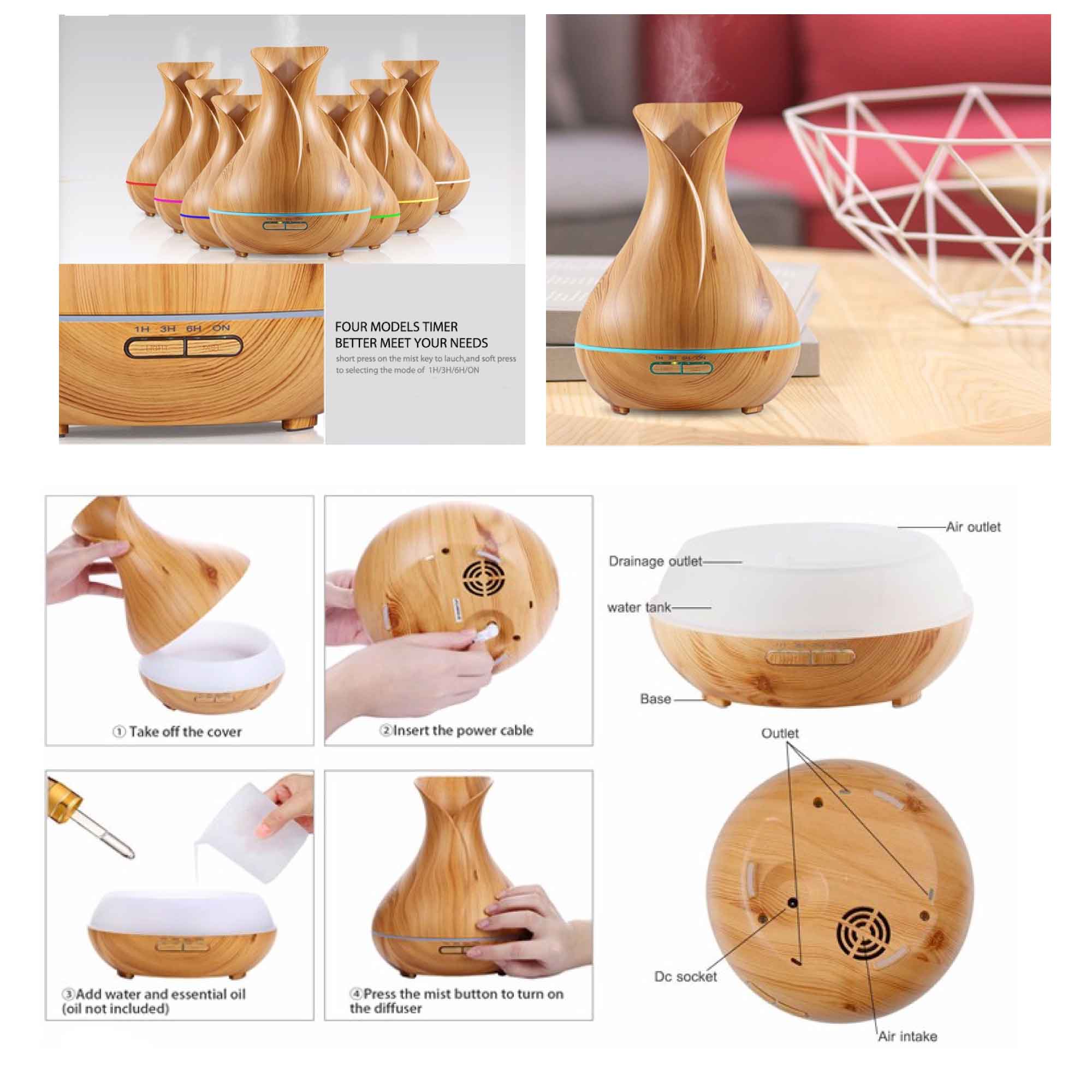 Essential Oil Aroma Diffuser Tulip Light Wood  -Ultrasonic Mist Humidifier 4