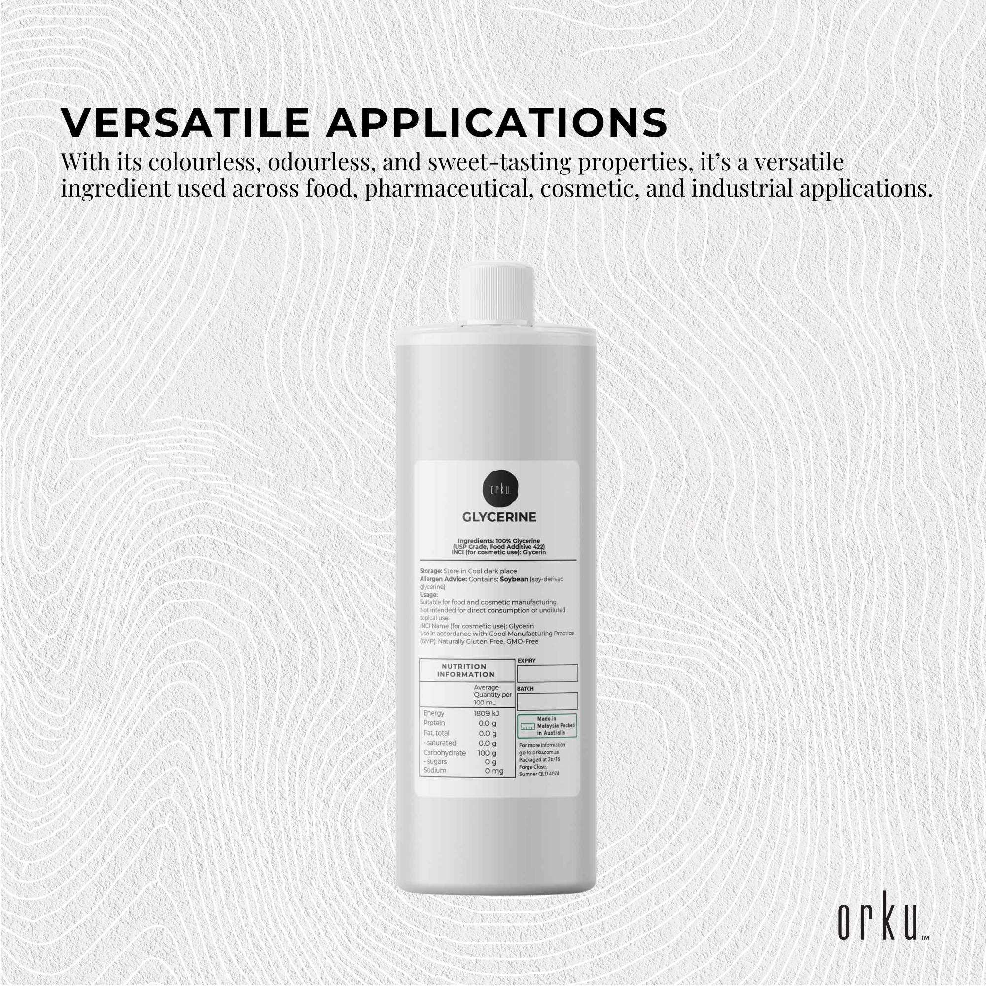 Orku 500ml Glycerine 99.9% Pure USP Food + Cosmetic Grade – Vegetable Glycerol 3