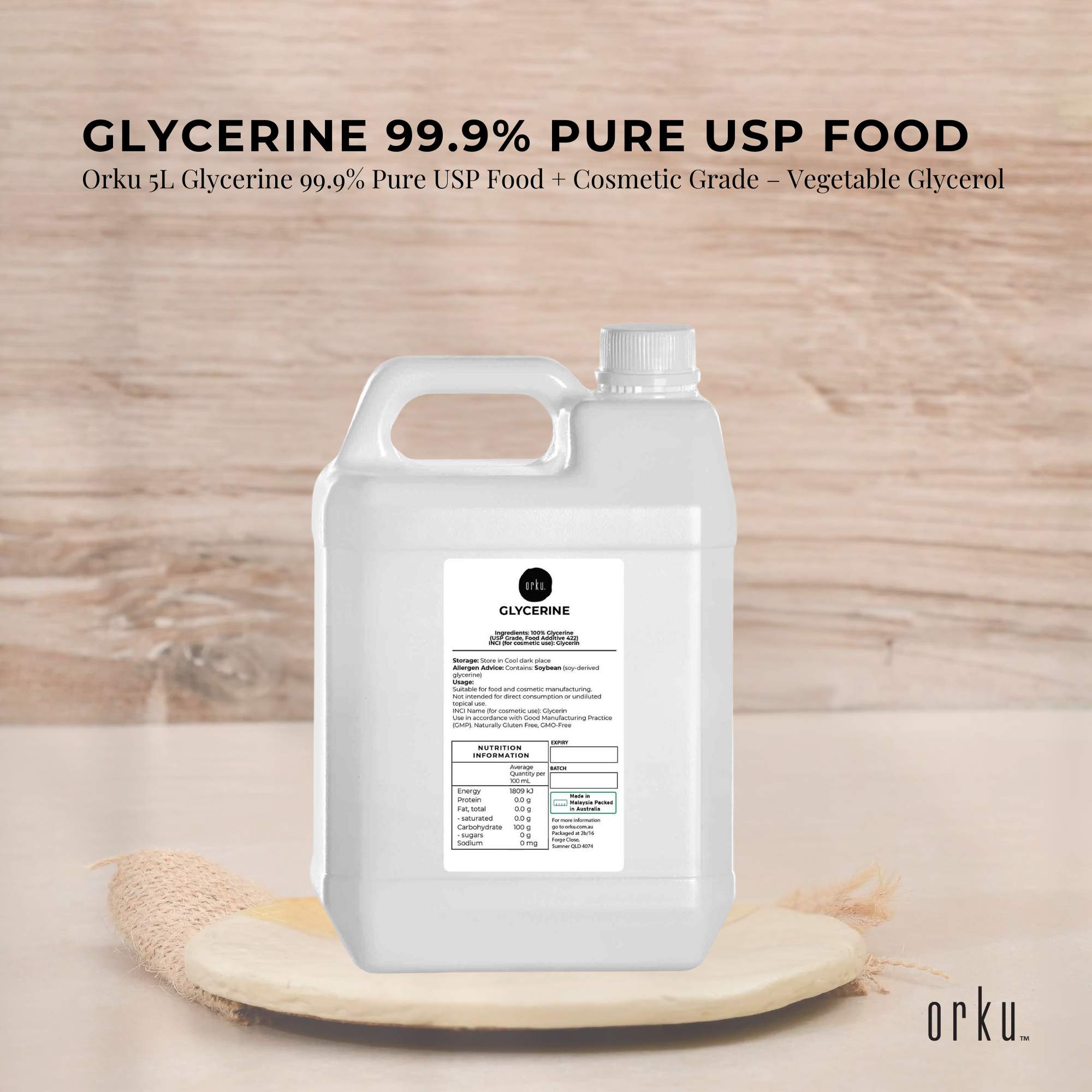 Orku 5L Glycerine 99.9% Pure USP Food + Cosmetic Grade – Vegetable Glycerol