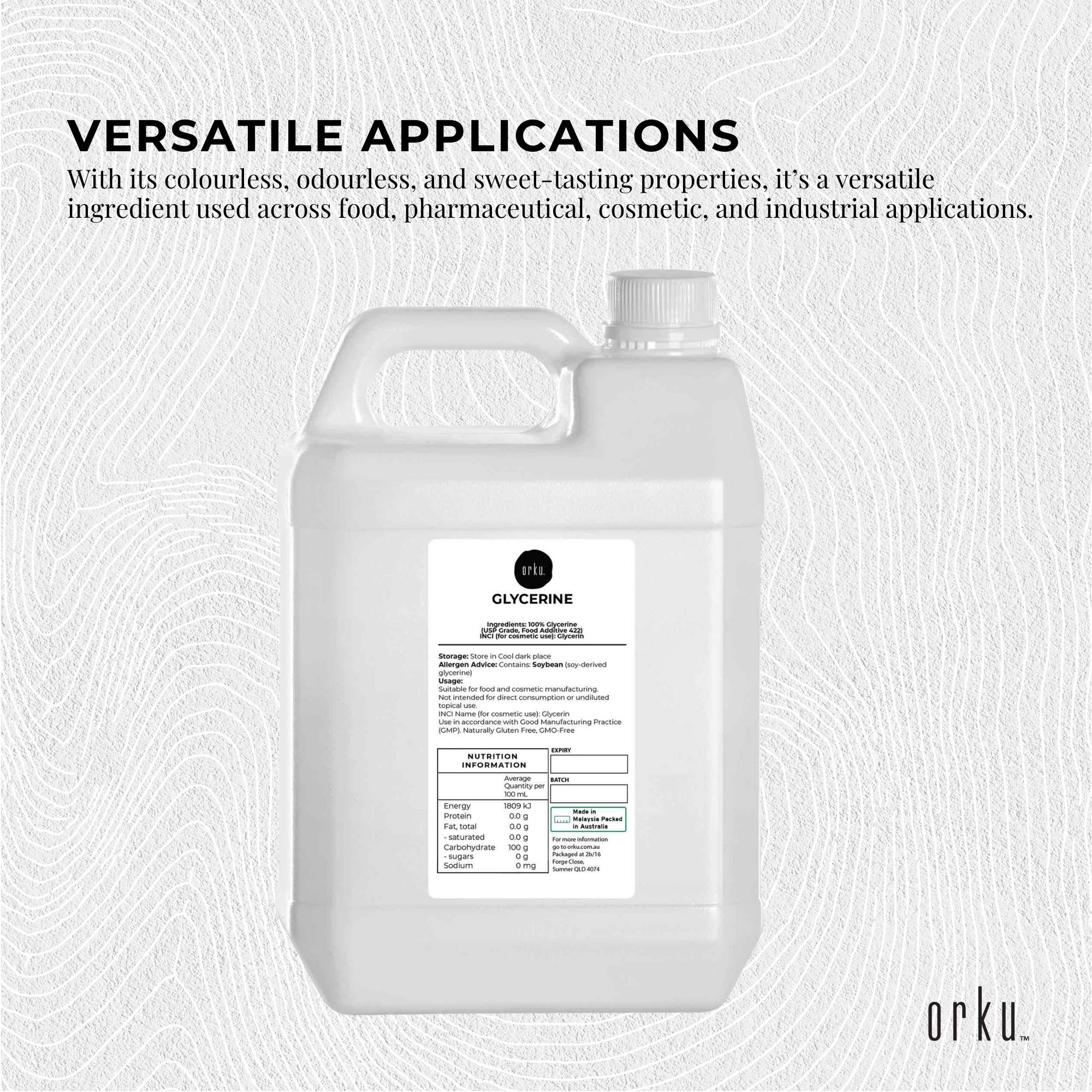 Orku 5L Glycerine 99.9% Pure USP Food + Cosmetic Grade – Vegetable Glycerol 3