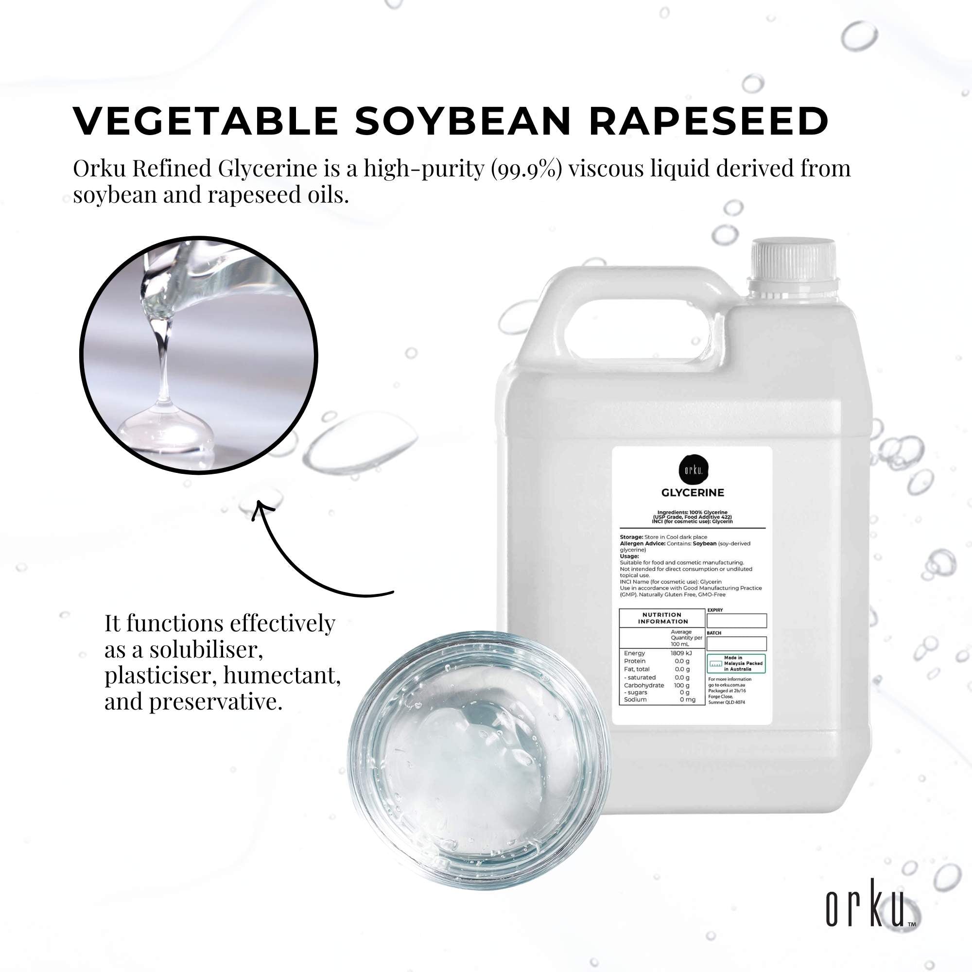 Orku 5L Glycerine 99.9% Pure USP Food + Cosmetic Grade – Vegetable Glycerol 4