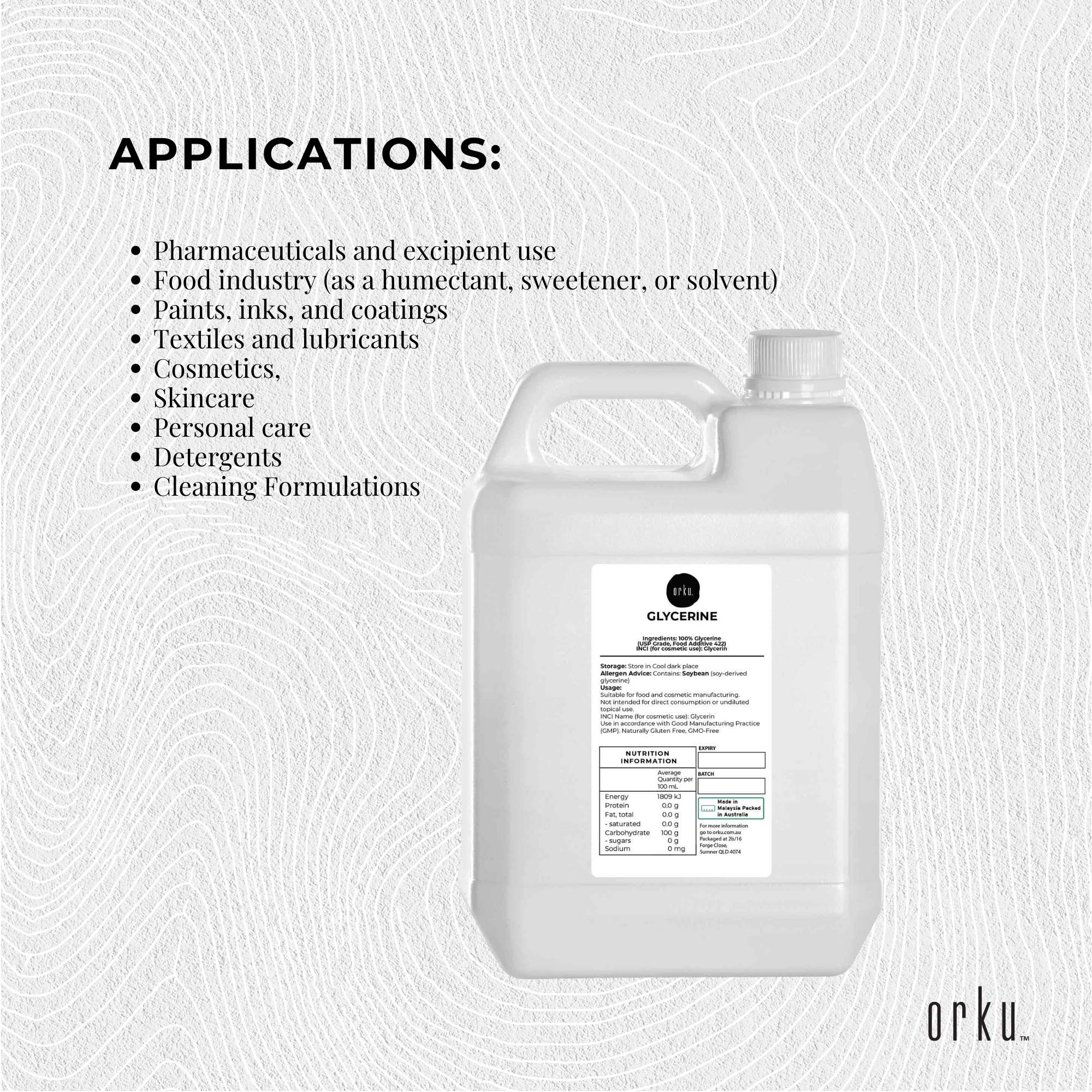 Orku 5L Glycerine 99.9% Pure USP Food + Cosmetic Grade – Vegetable Glycerol 5