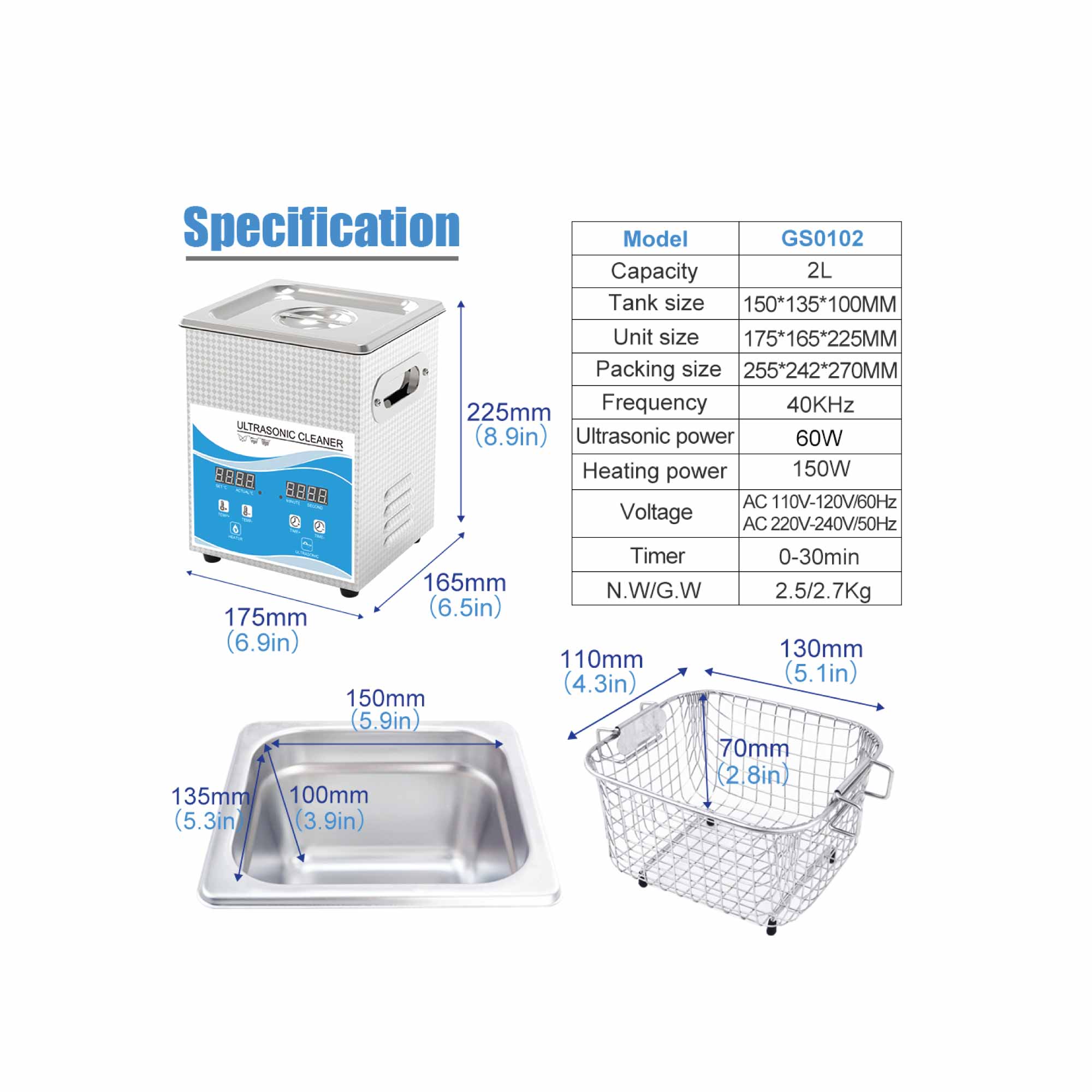 2L Digital Ultrasonic Cleaner Jewelry Ultra Sonic Bath Degas Parts Cleaning 11