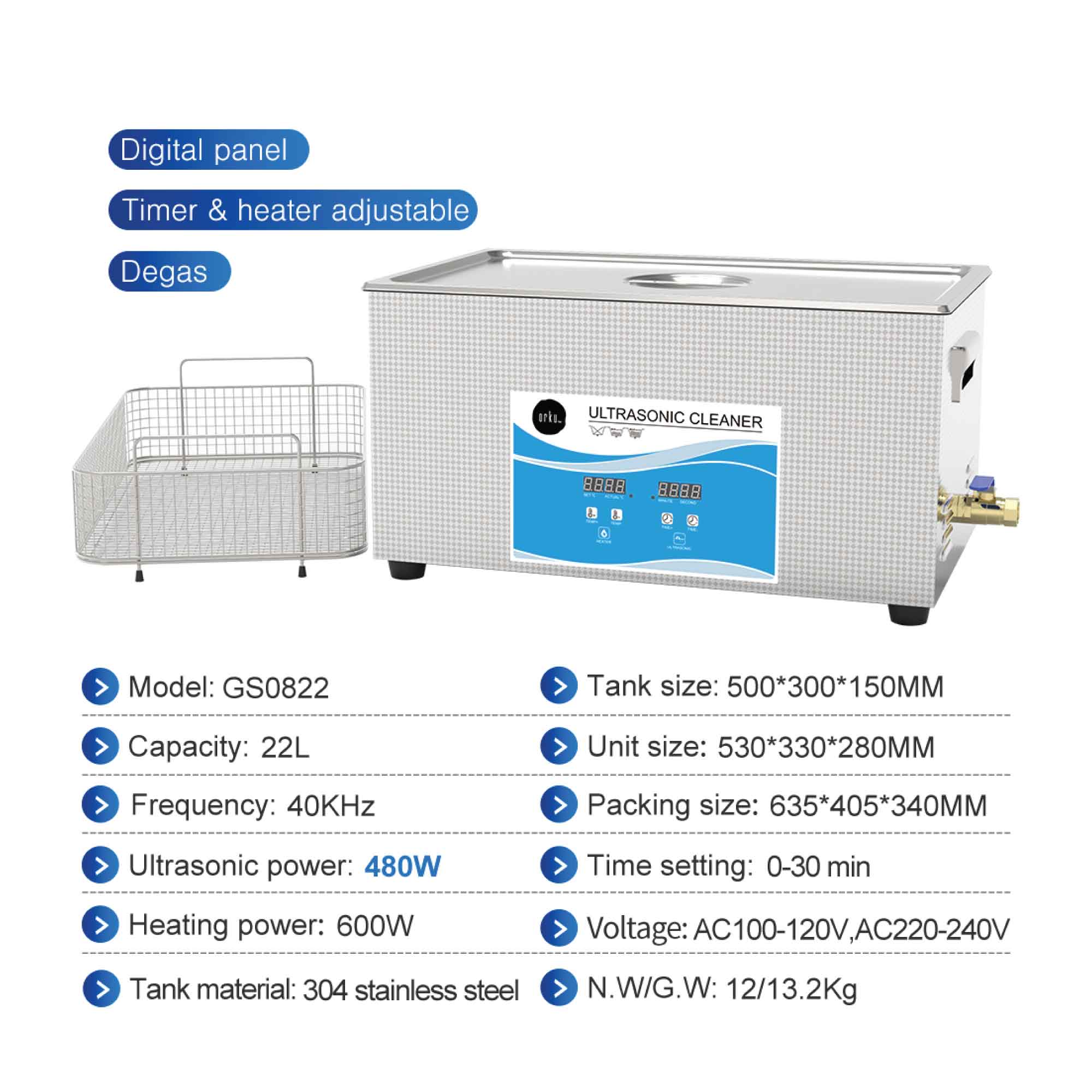 22L Digital Ultrasonic Cleaner Jewelry Ultra Sonic Bath Degas Parts Cleaning 9