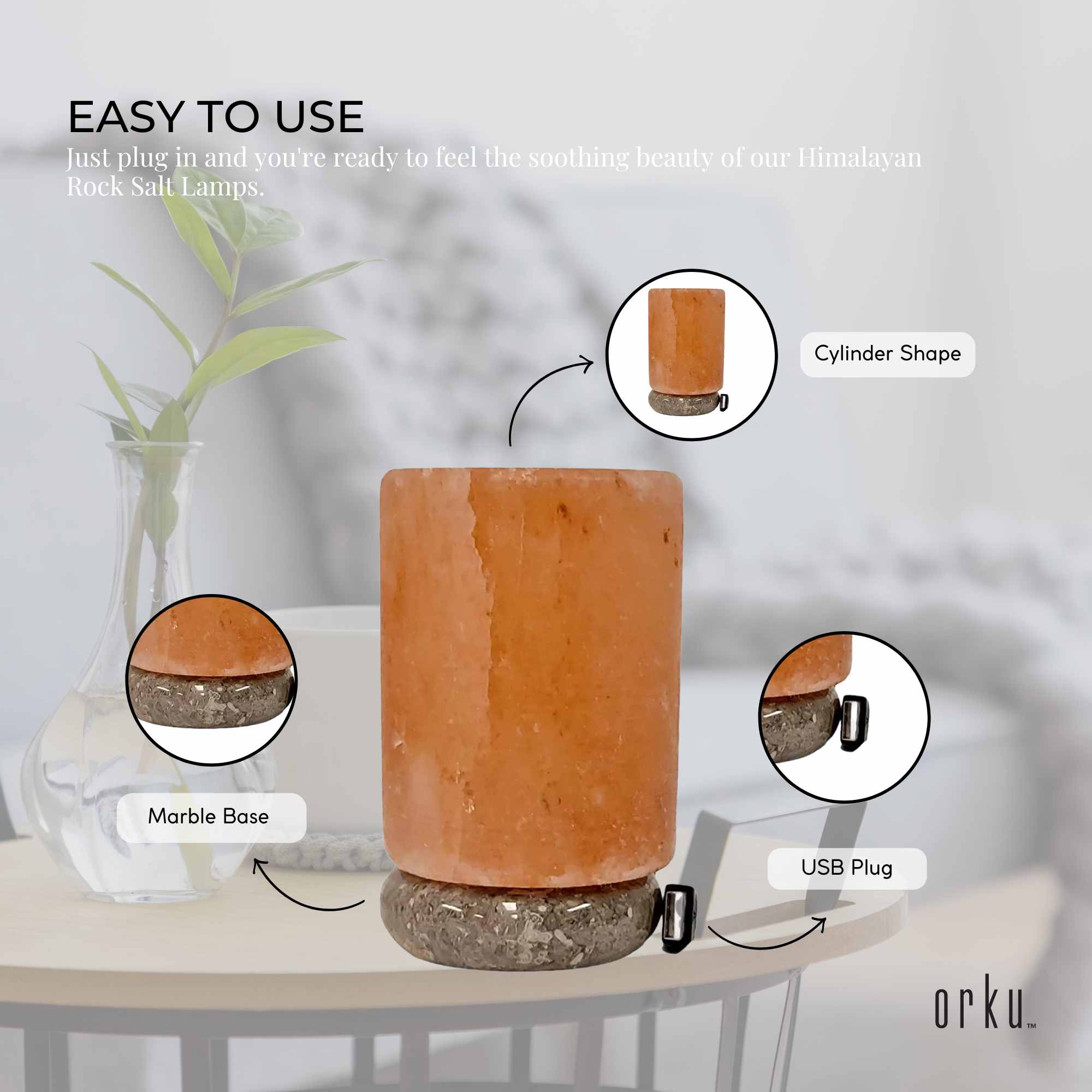 USB Himalayan Salt Lamp - Cylinder Carved Shape Pink Crystal Rock LED Light 3