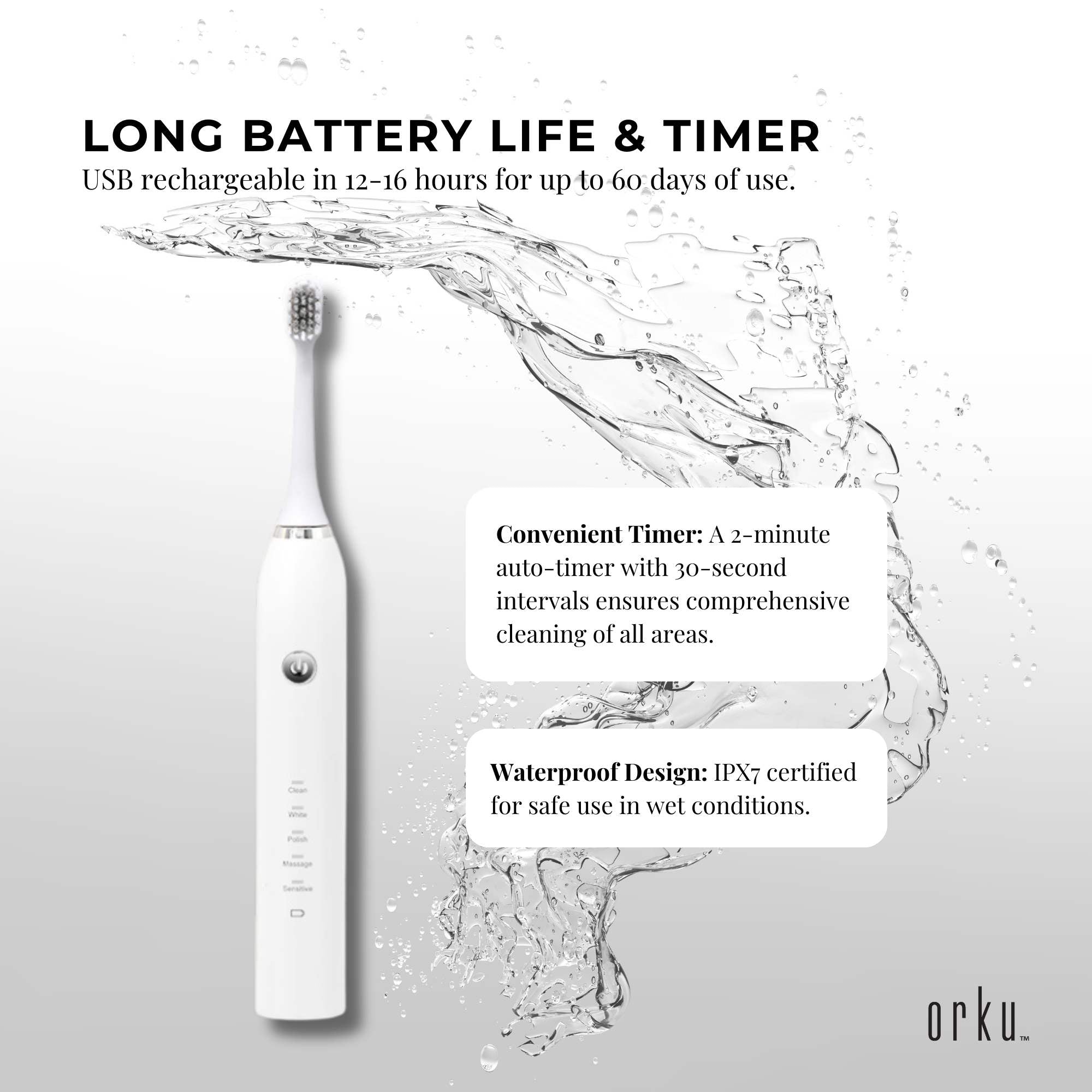 Sonic Electric Toothbrush White - Waterproof USB Charging 5 Modes 2 Heads + Case 6