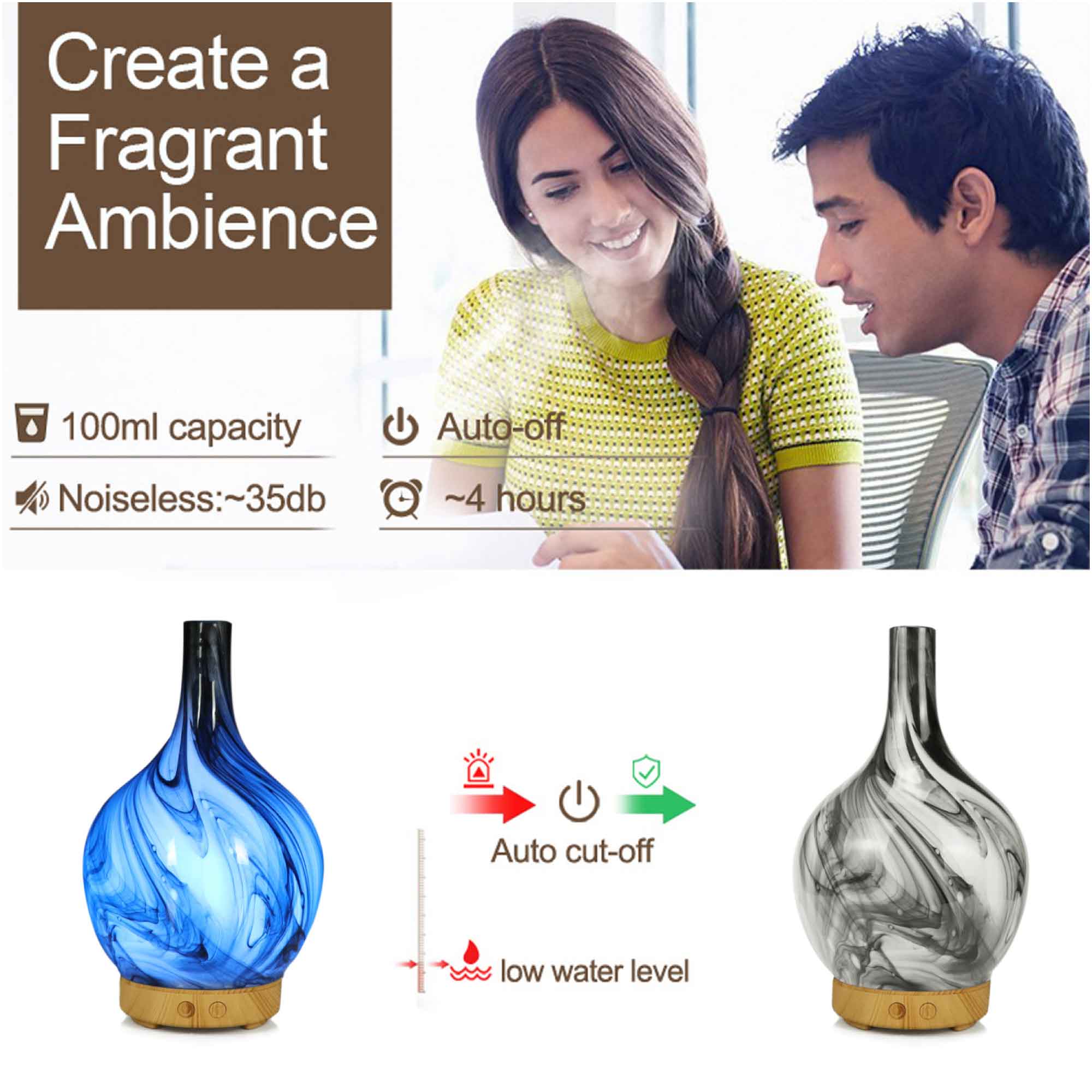 Essential Oil Aroma Diffuser - 100ml Glass Marble Aromatherapy Mist Humidifier 4