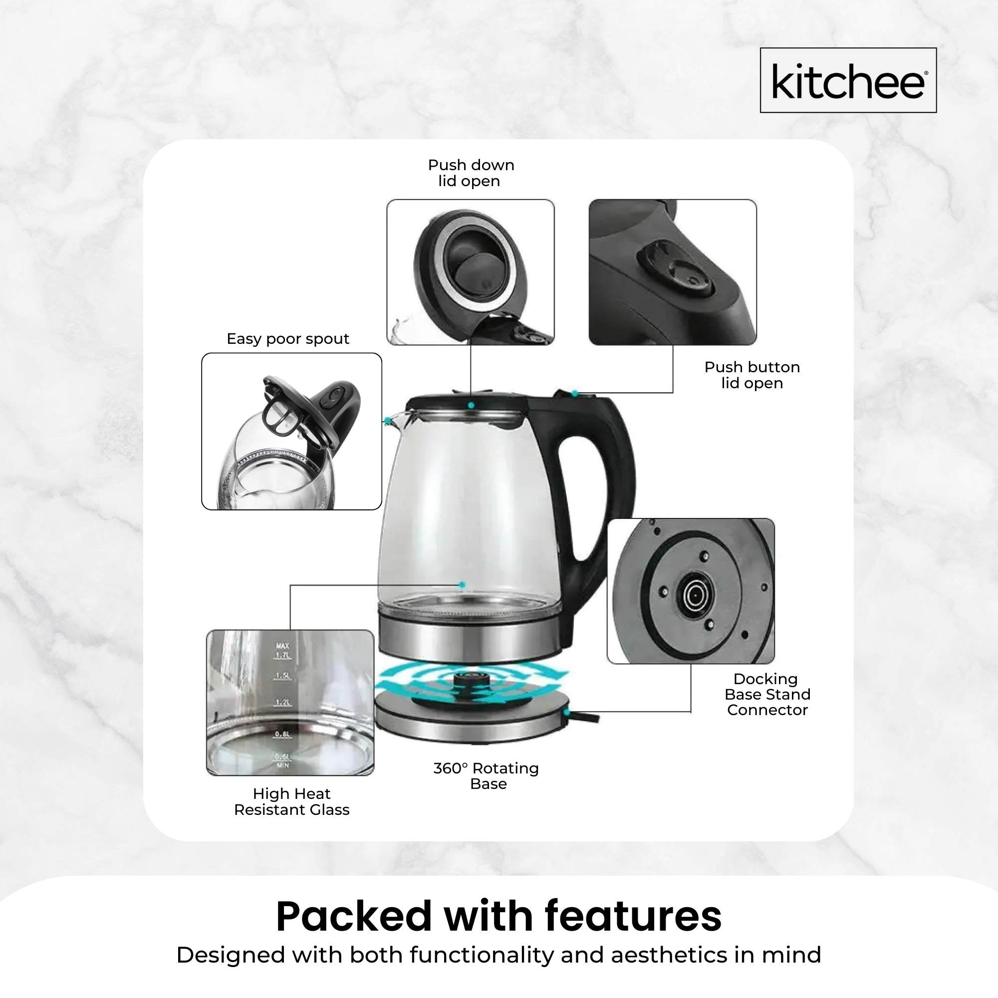 1.7L Electric Glass Kettle LED Blue Light 360 Automatic Cordless Water Boiling Jug 3