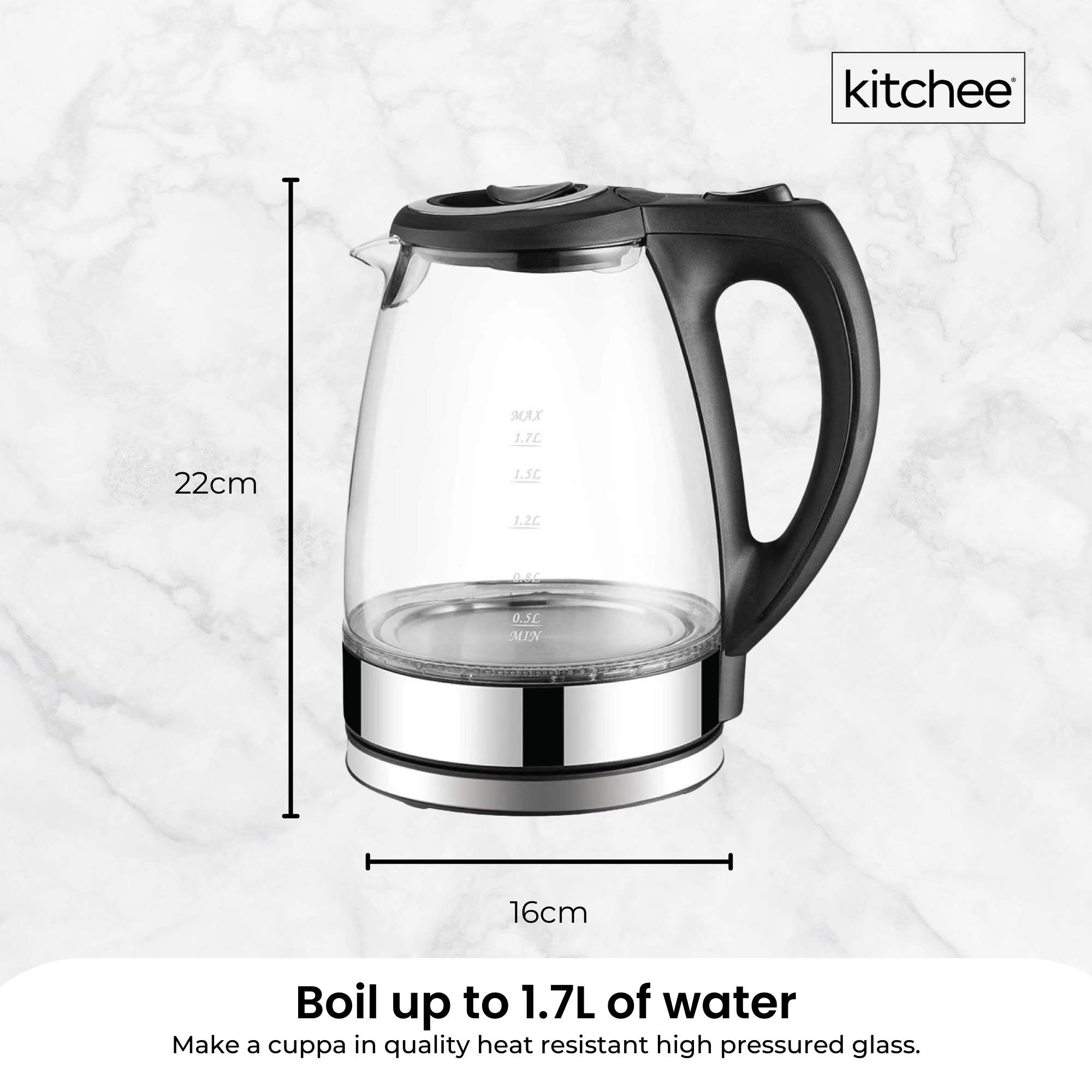 1.7L Electric Glass Kettle LED Blue Light 360 Automatic Cordless Water Boiling Jug 6