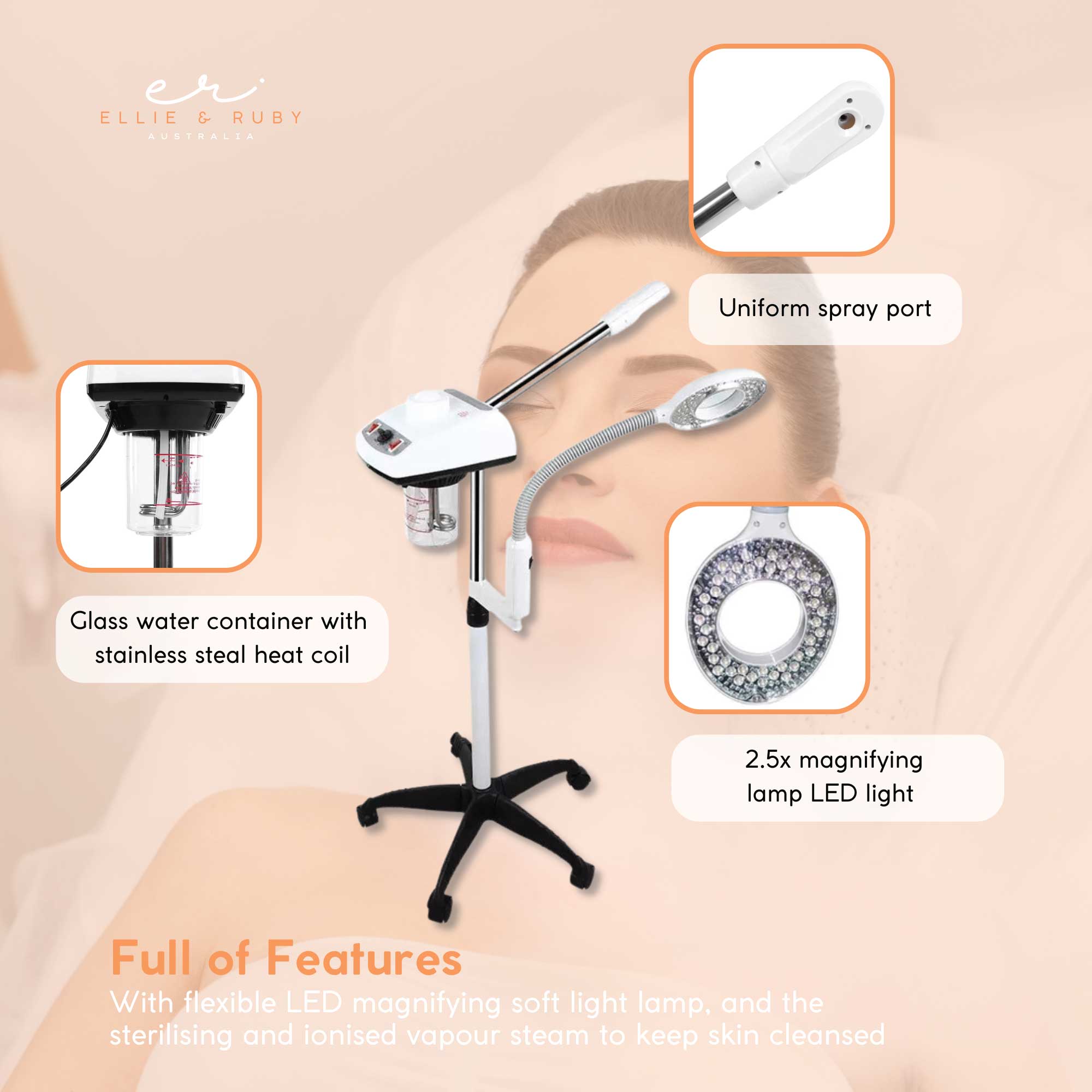 Ellie & Ruby Facial Steamer Magnifying Lamp - 2in1 Professional Beauty Machine 7