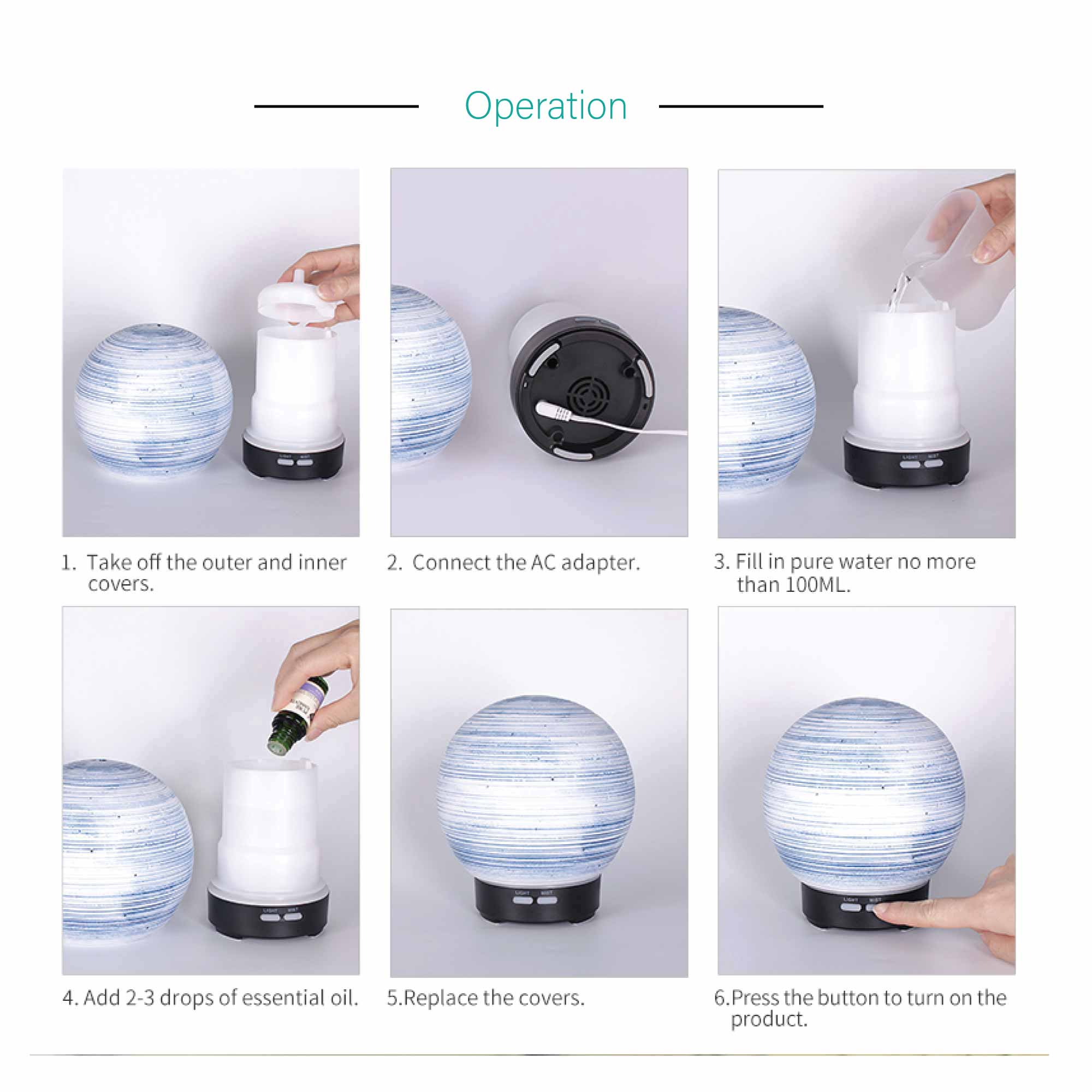 Essential Oil Aroma Diffuser - 100ml Ball Aromatherapy Ultrasonic Humidifier 7