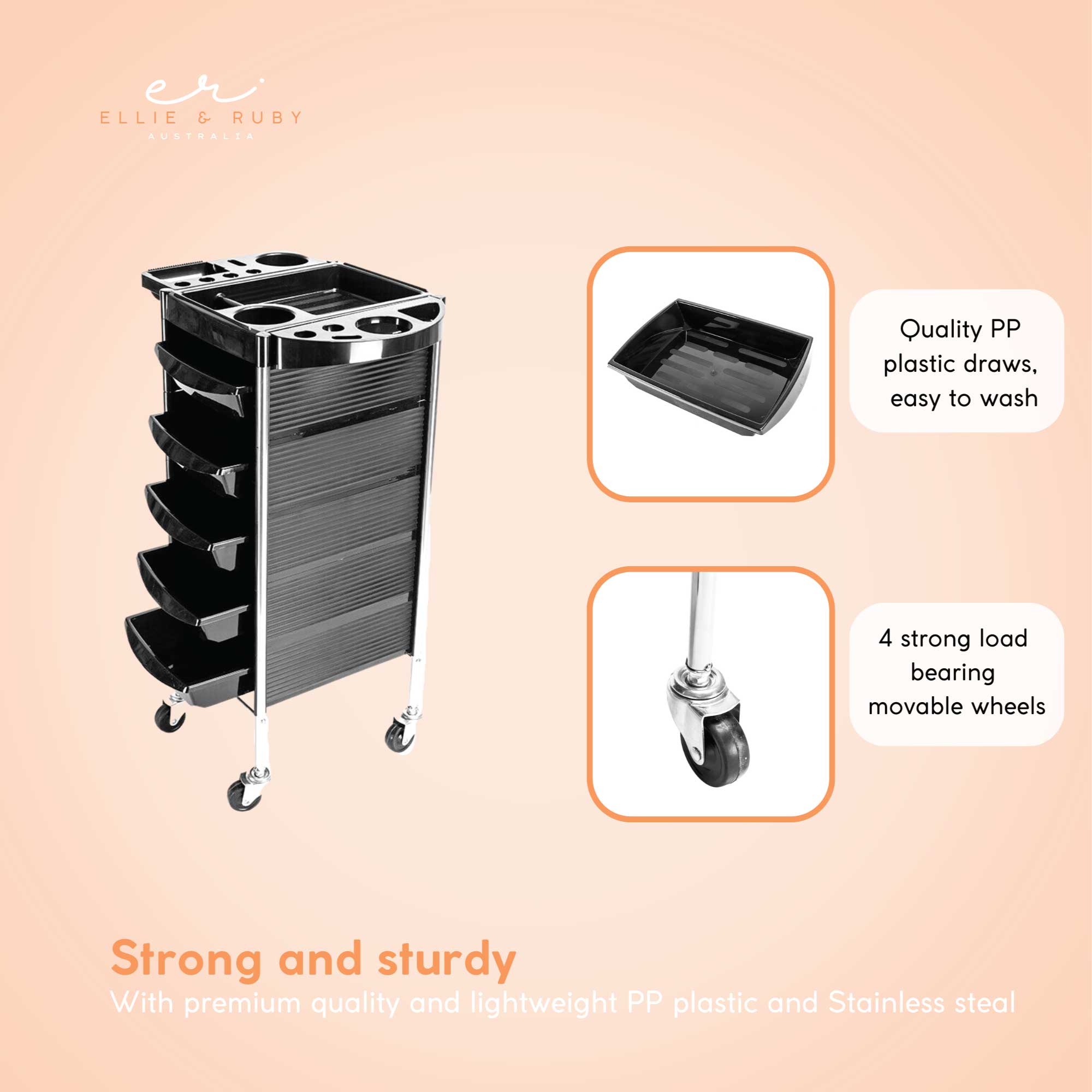 5 Drawer Hairdressing Trolley Black 90x30x36cm Hair Salon Beauty Rolling Cart 5