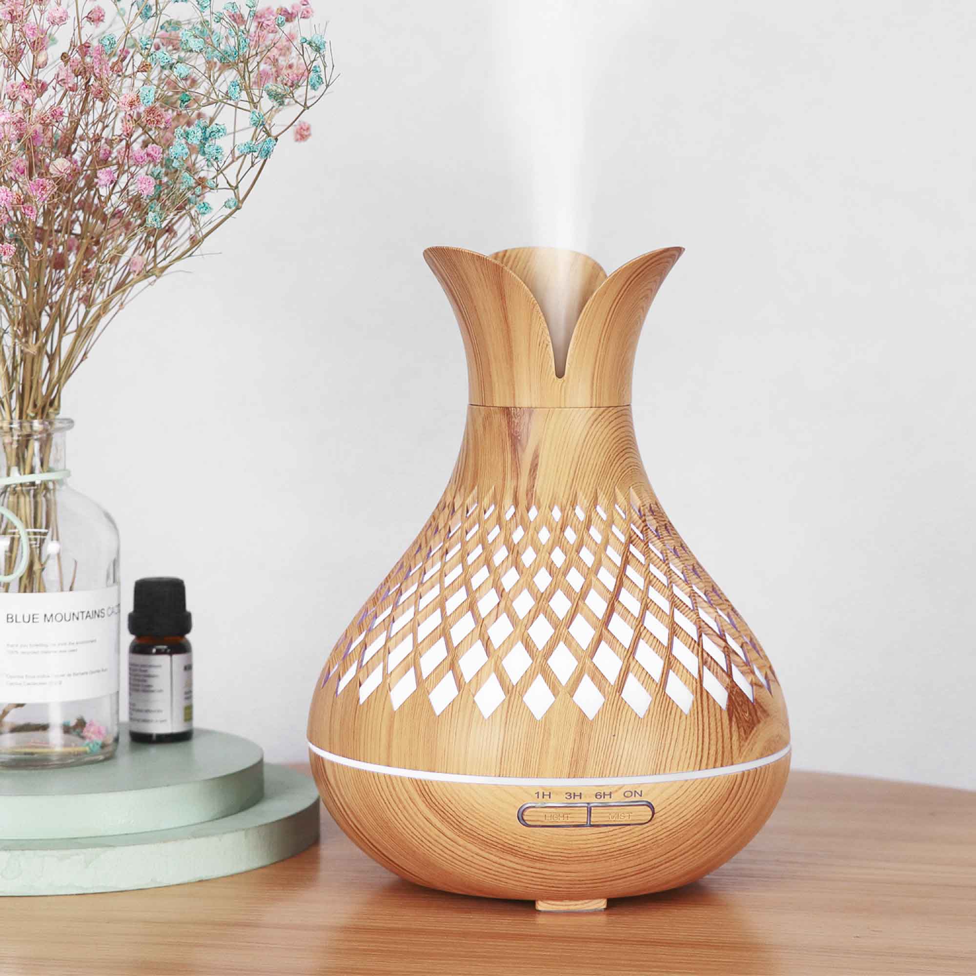 Essential Oil Aroma Diffuser and Remote - 500ml Vase Flower Wood Mist Humidifier 5