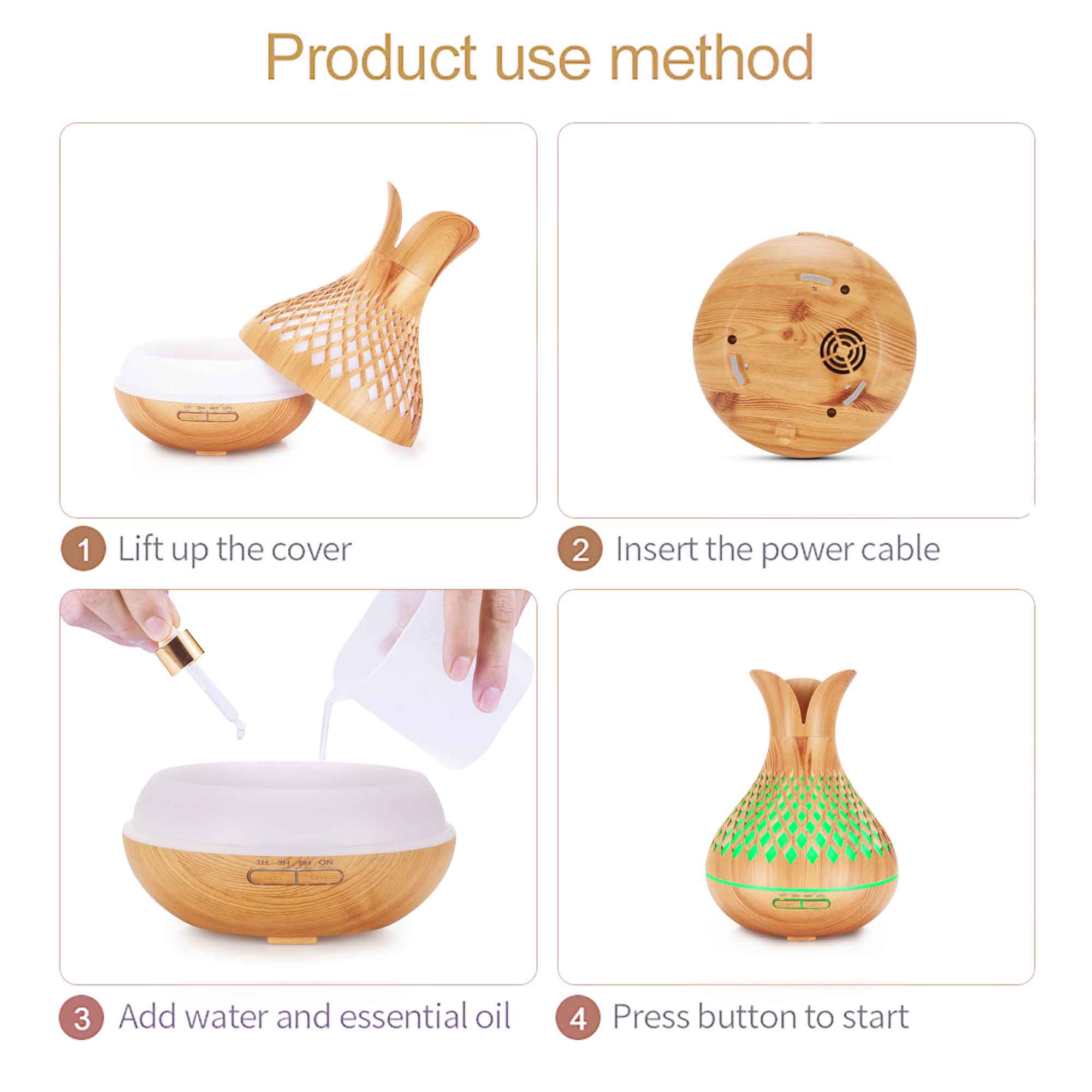 Essential Oil Aroma Diffuser and Remote - 500ml Vase Flower Wood Mist Humidifier 6