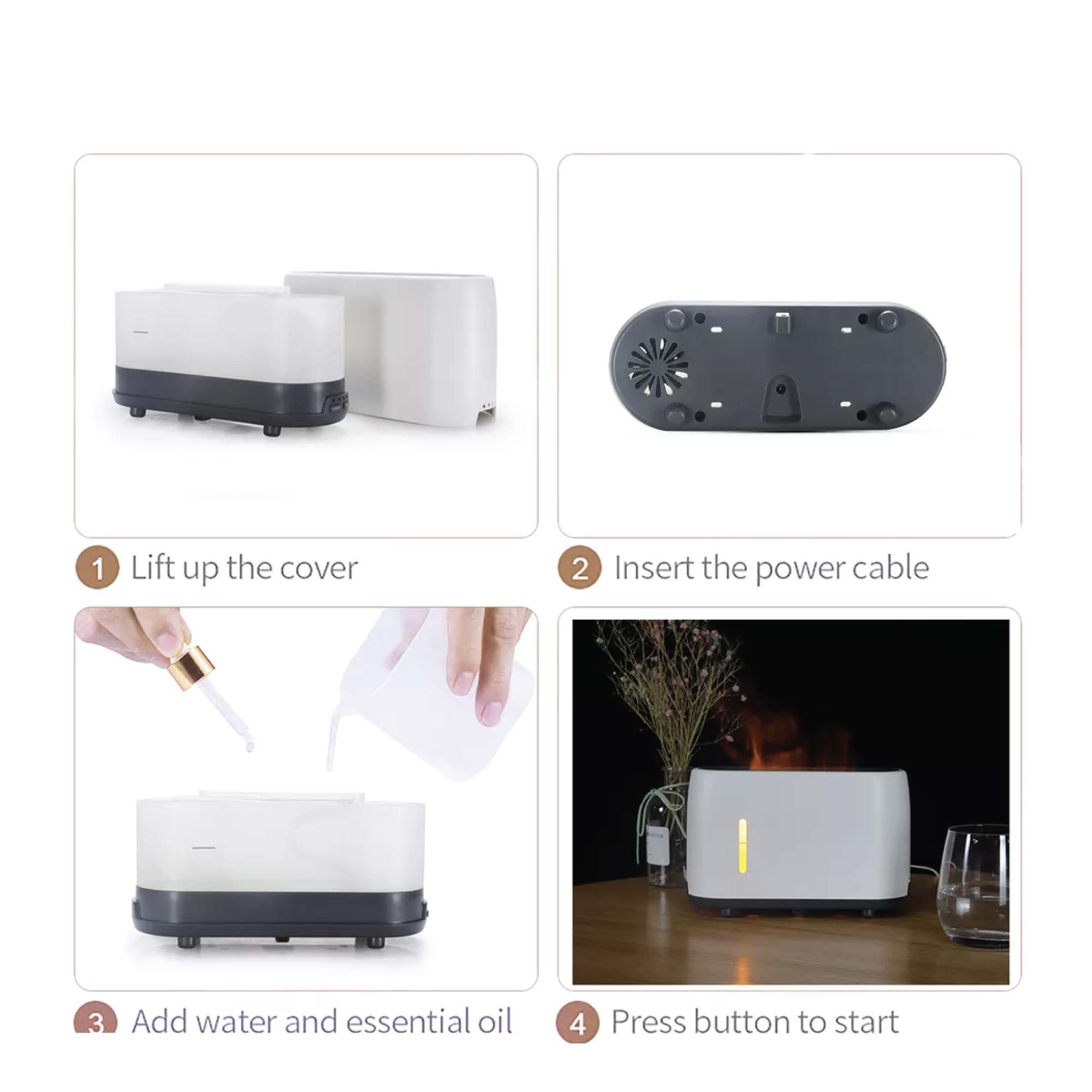 Essential Oil Aroma Diffuser and Remote - Grey 240ml Flame Fire Style Air Humidifier 8