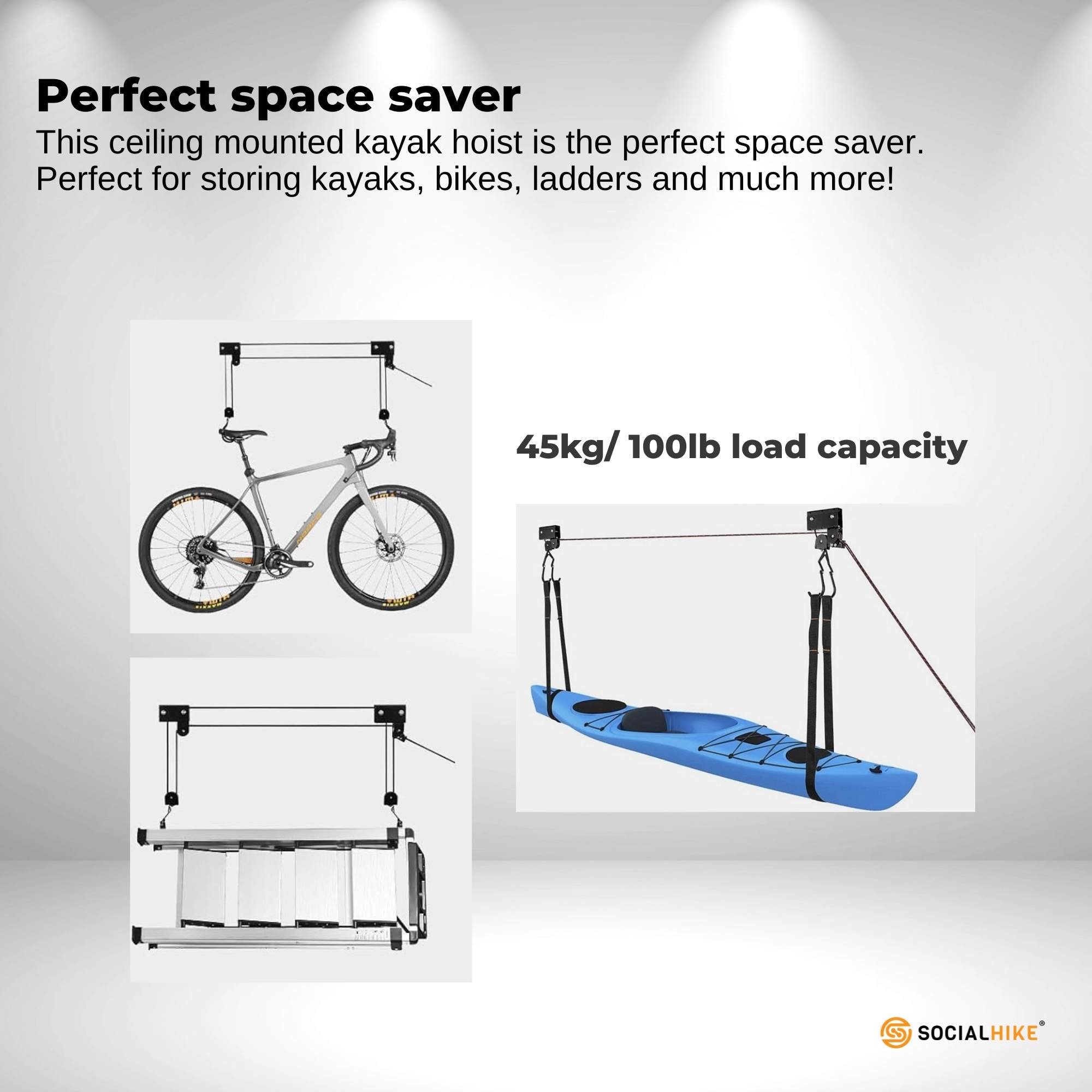Kayak Hoist - 45kg Garage Ceiling Pulley Lift Storage System Bike Luggage Holder 3